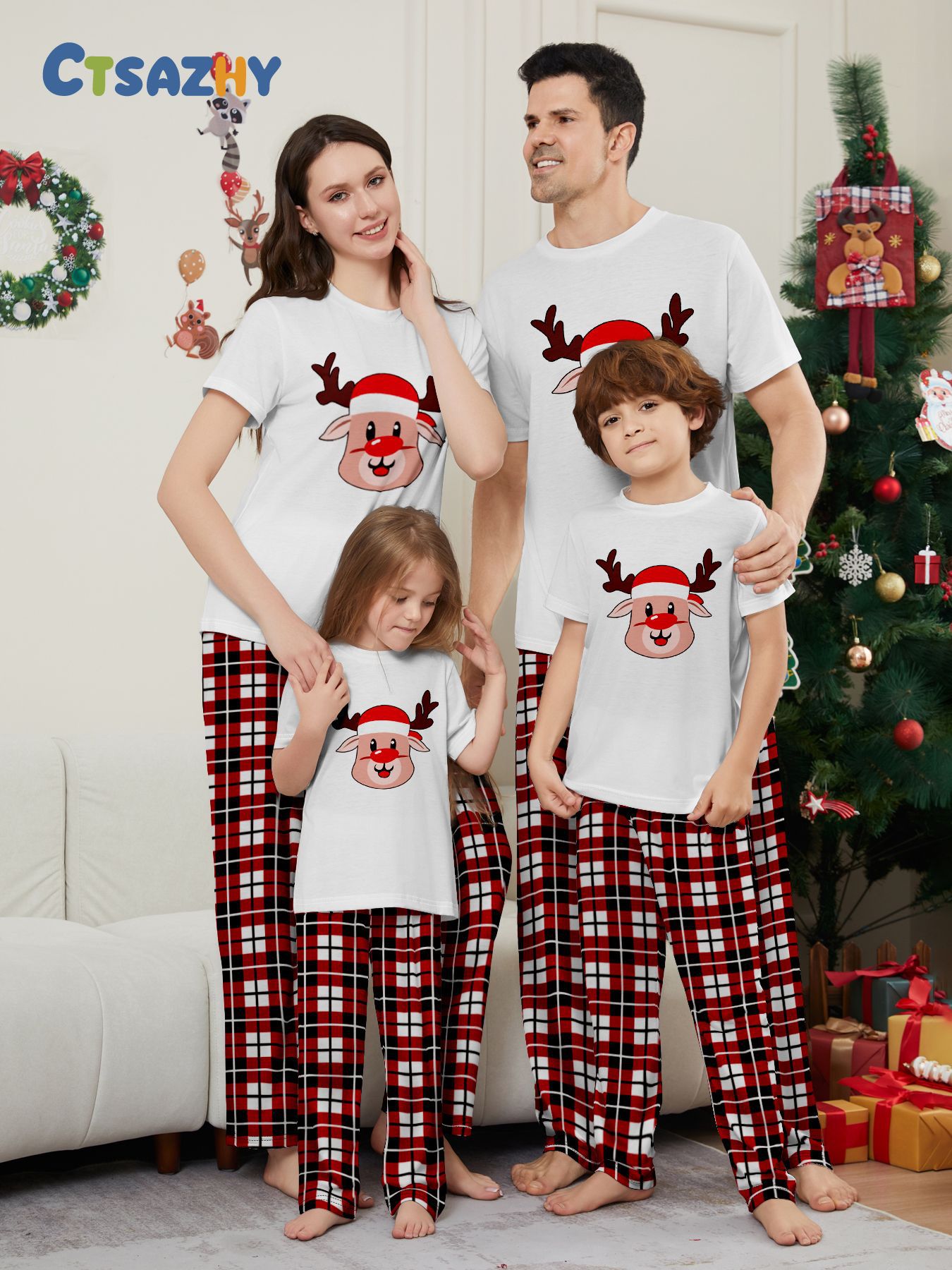 White Short‑Sleeve Reindeer Plaid Family Pajamas