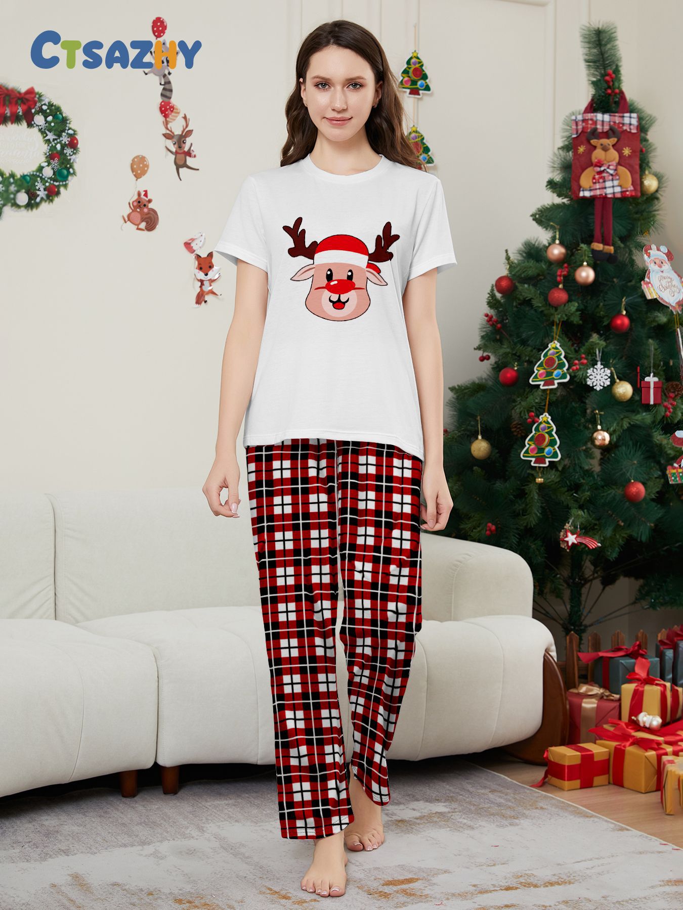 White Short‑Sleeve Reindeer Plaid Family Pajamas