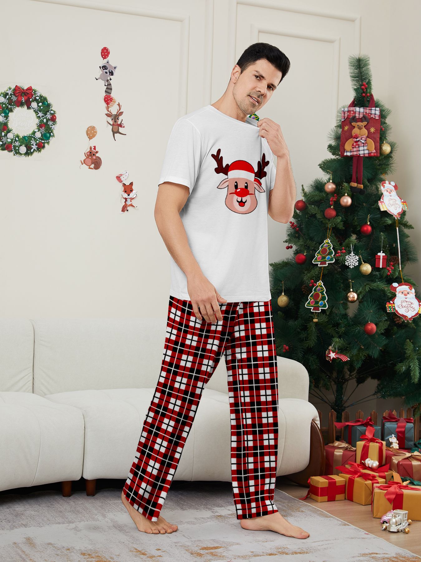 White Short‑Sleeve Reindeer Plaid Family Pajamas