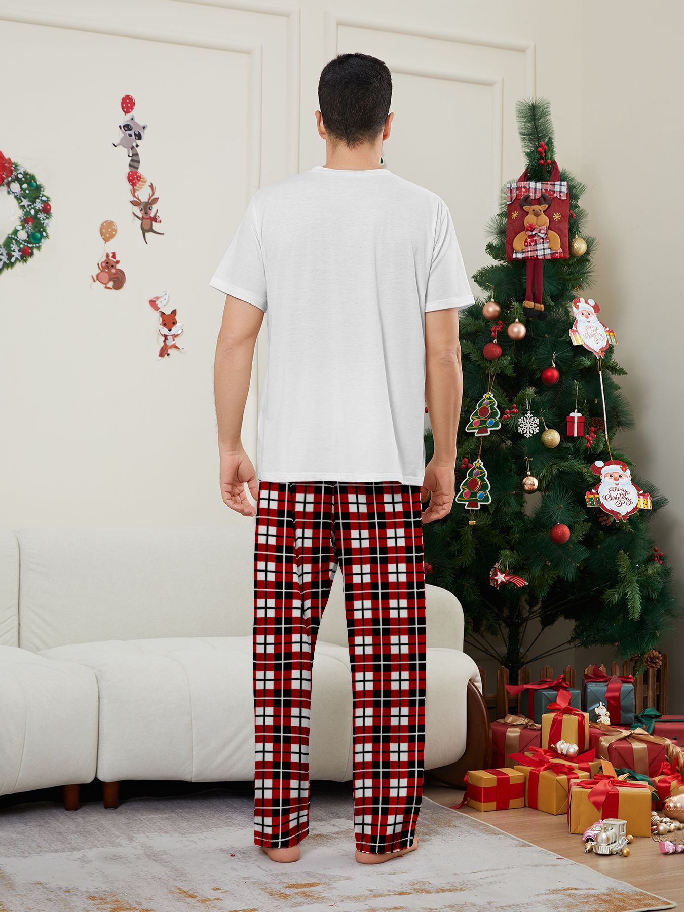 White Short‑Sleeve Reindeer Plaid Family Pajamas