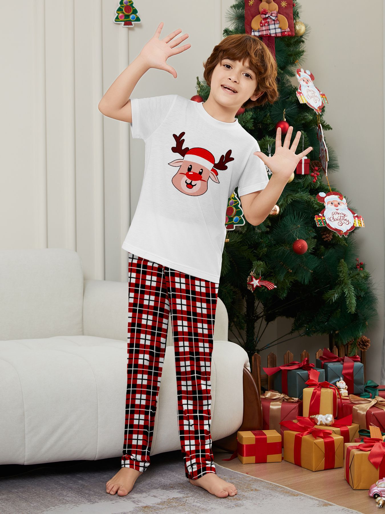 White Short‑Sleeve Reindeer Plaid Family Pajamas
