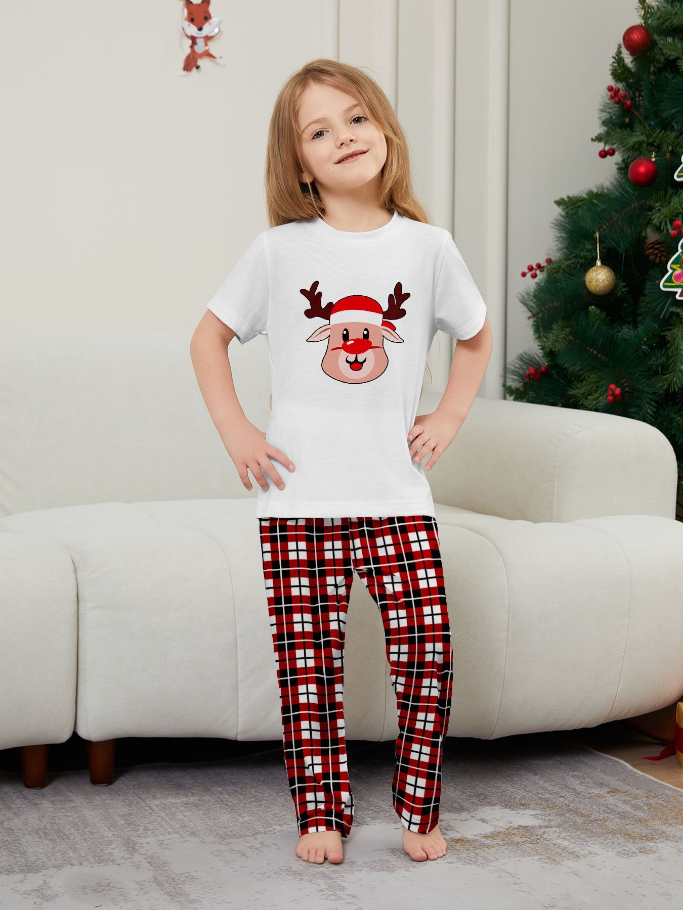 White Short‑Sleeve Reindeer Plaid Family Pajamas