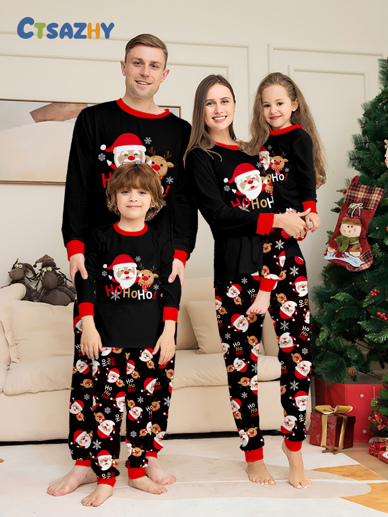 Black Santa‑Reindeer HoHoHo Family Pajamas