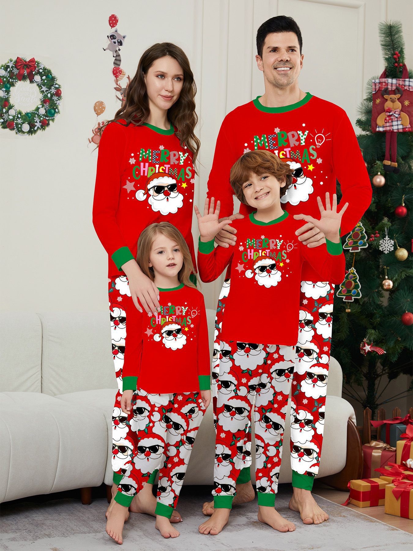 Red Sunglass Santa Family Matching Pajamas