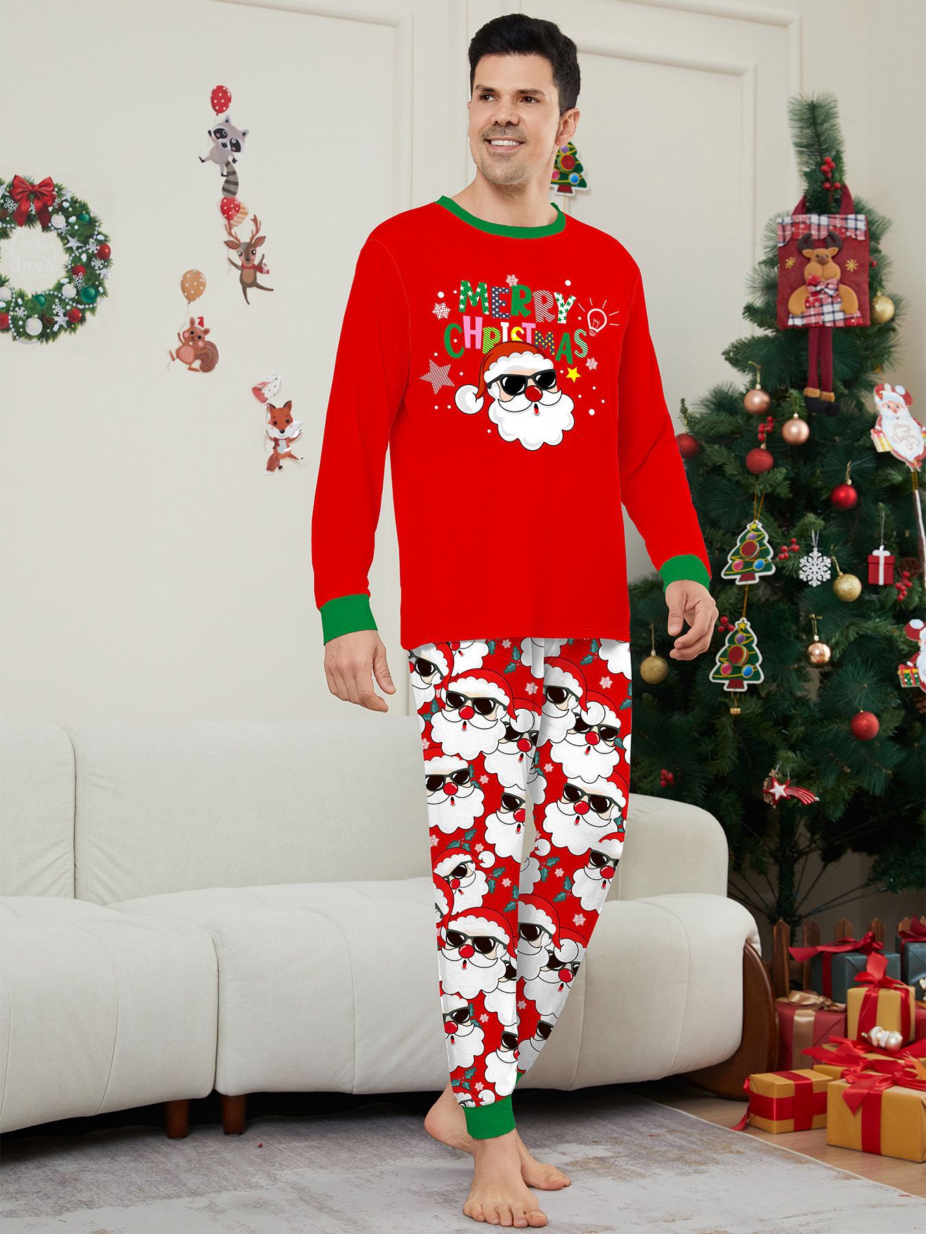 Red Sunglass Santa Family Matching Pajamas