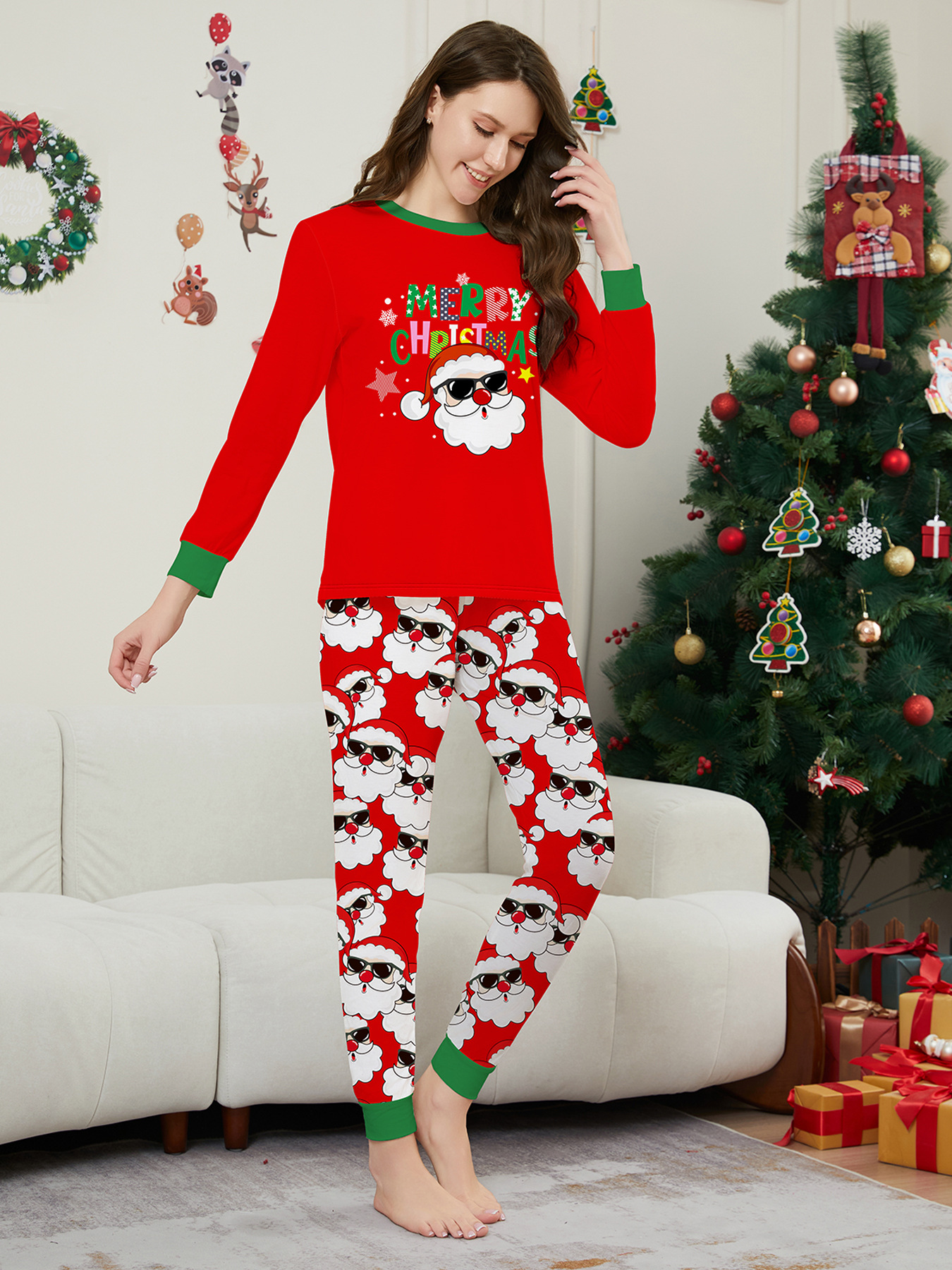 Red Sunglass Santa Family Matching Pajamas