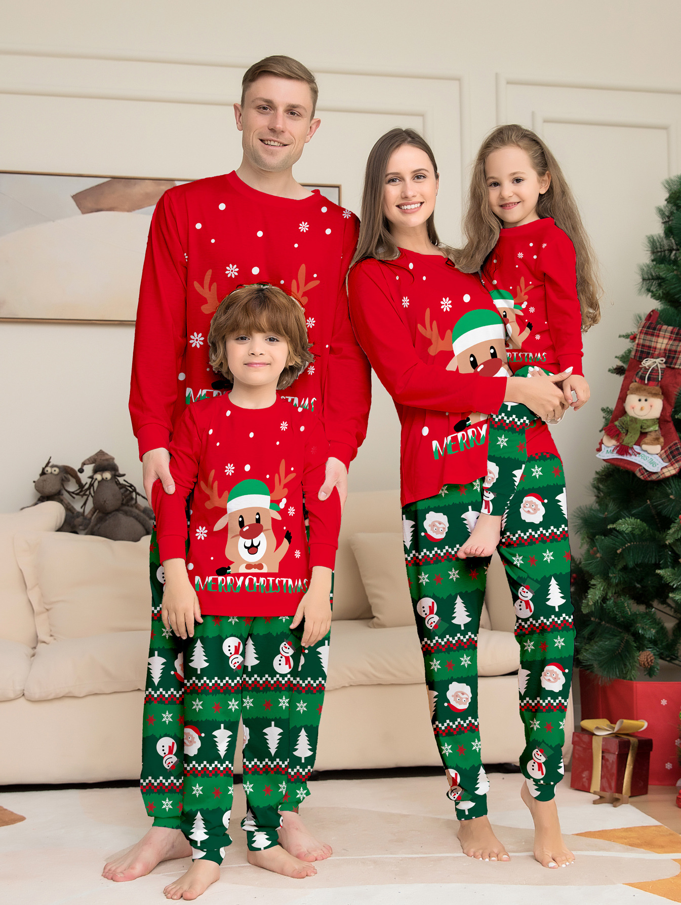 Red‑Green Reindeer‑Snowman Christmas Family Pajamas