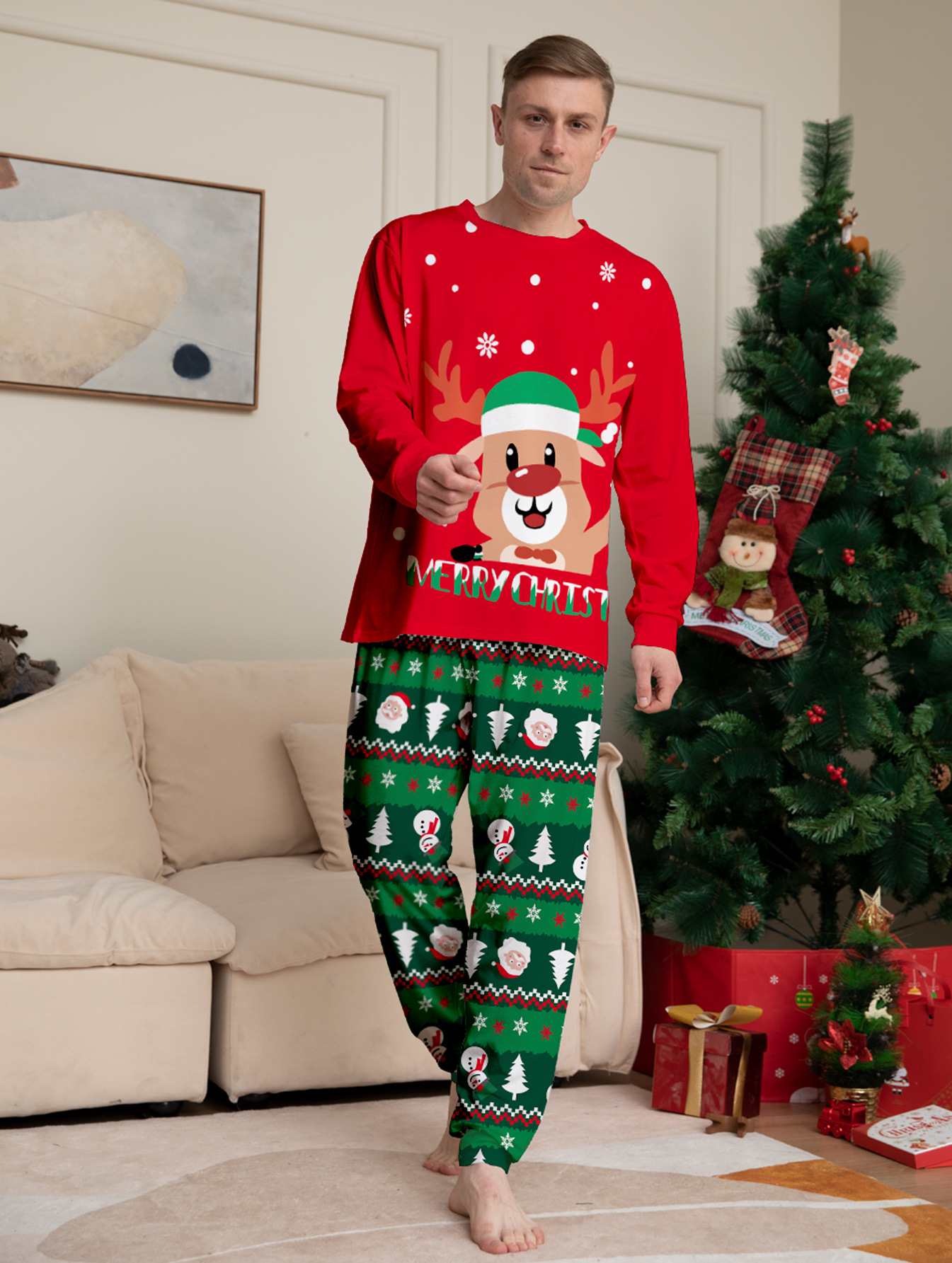 Red‑Green Reindeer‑Snowman Christmas Family Pajamas