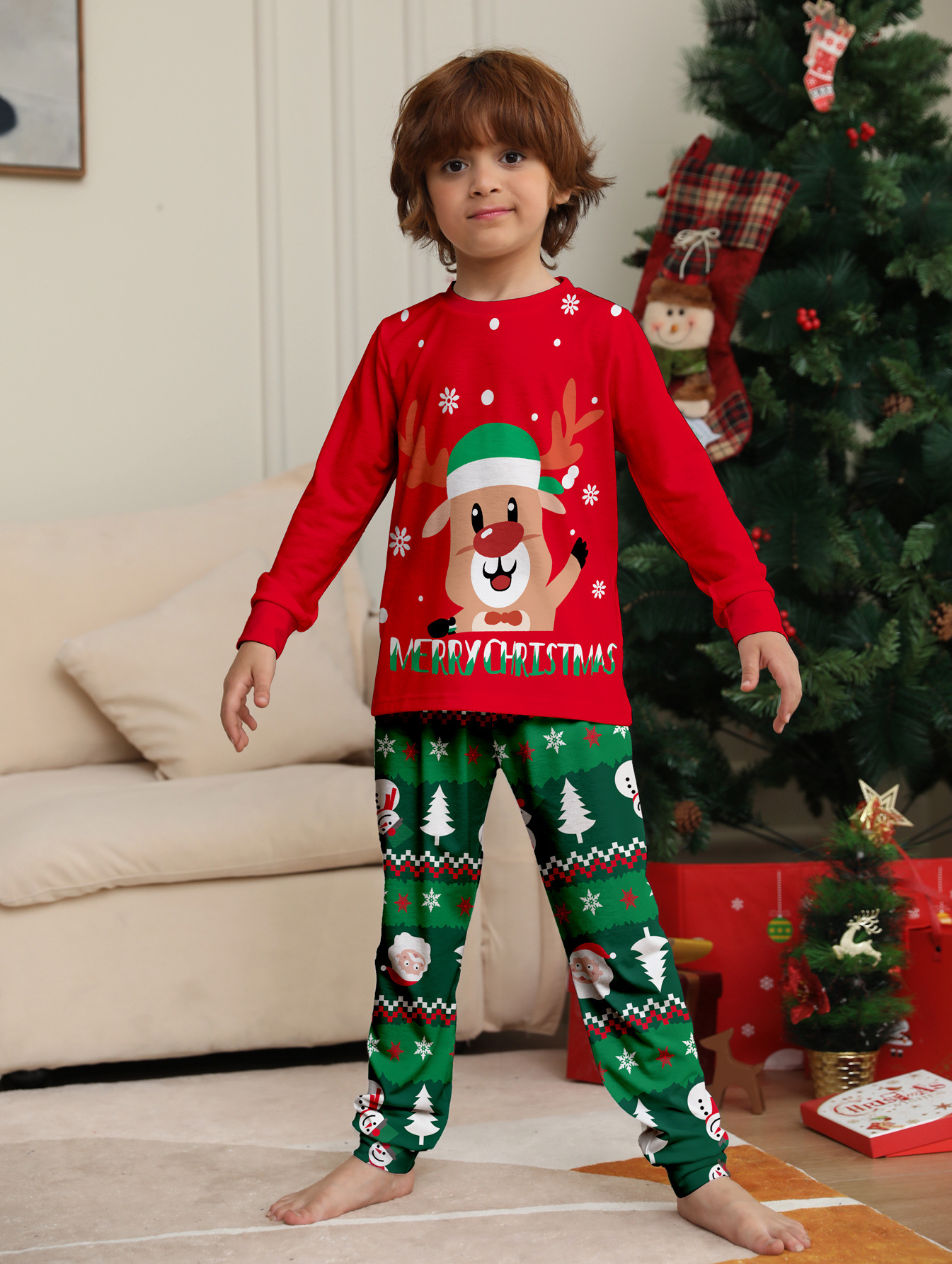 Red‑Green Reindeer‑Snowman Christmas Family Pajamas