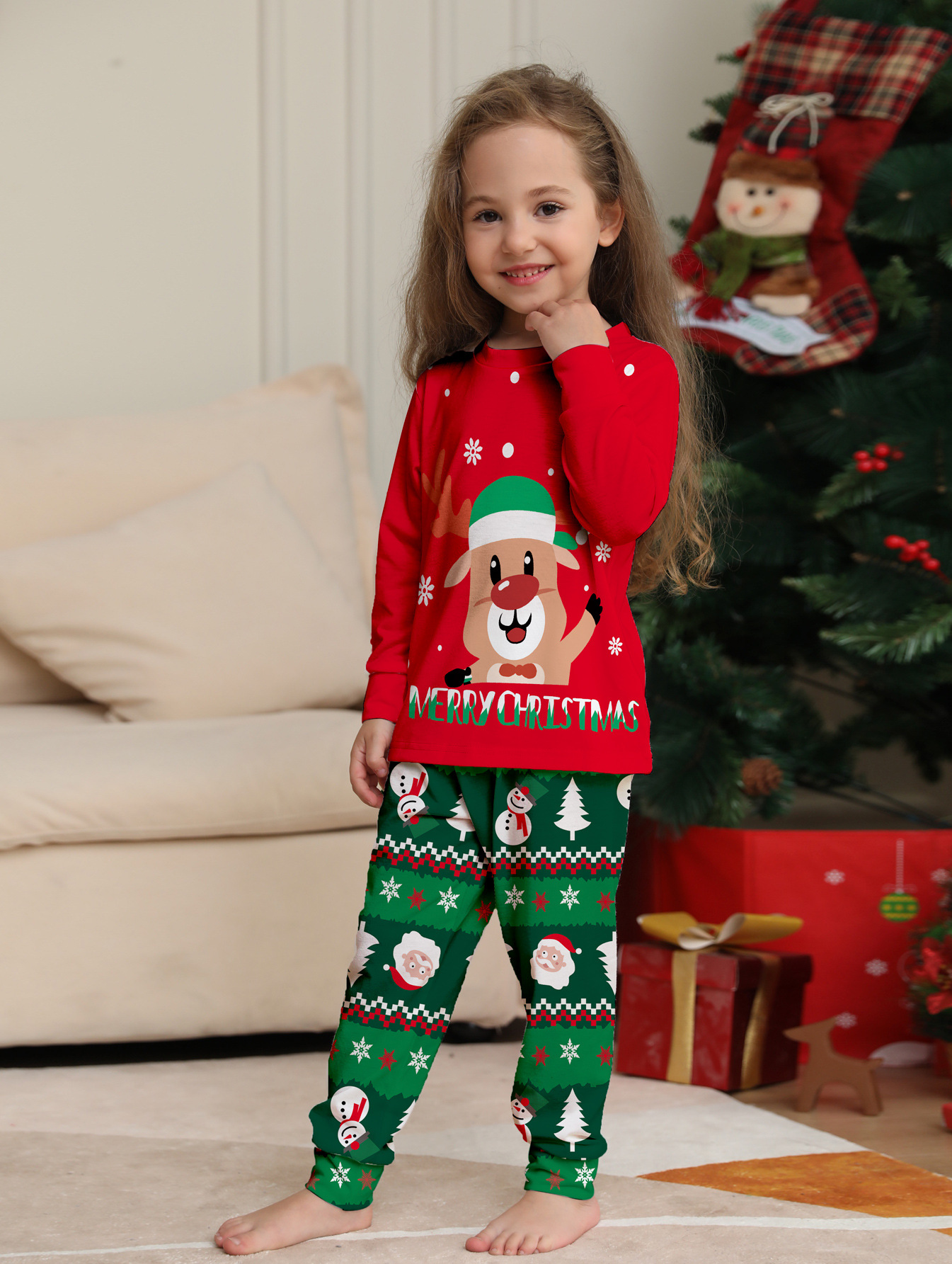 Red‑Green Reindeer‑Snowman Christmas Family Pajamas