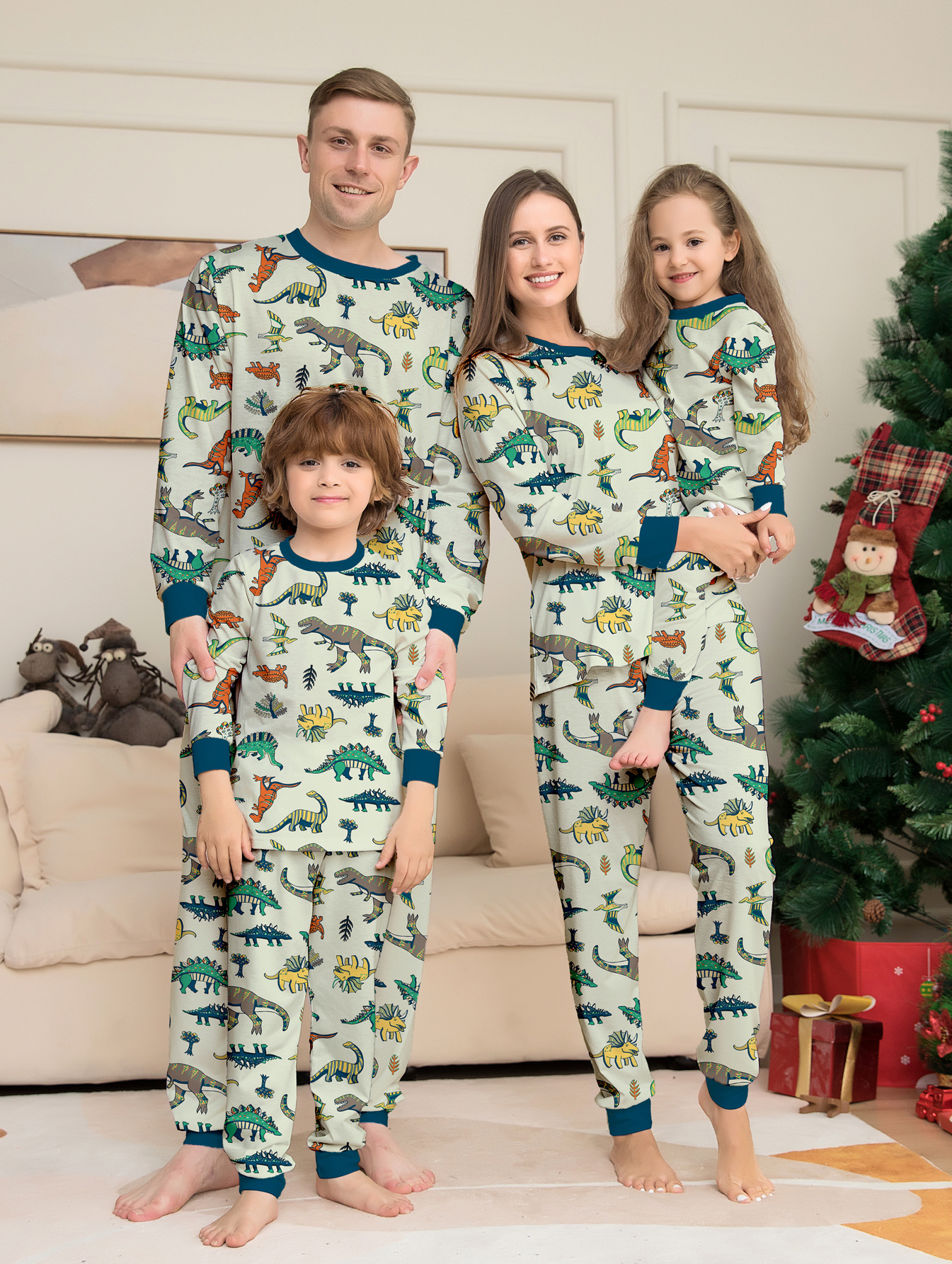 Cream‑Base Dinosaur Print Family Matching Pajamas