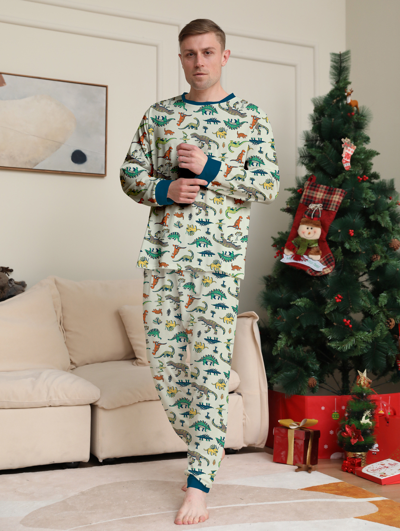 Cream‑Base Dinosaur Print Family Matching Pajamas