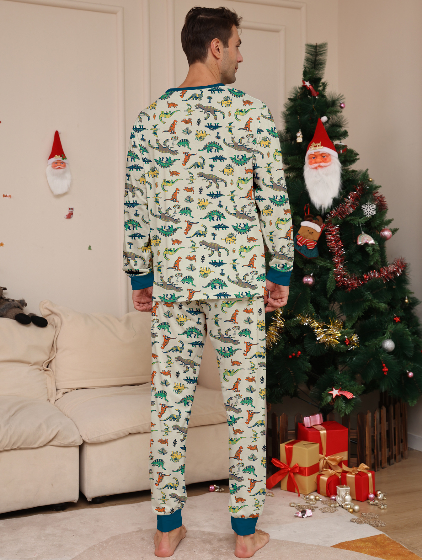 Cream‑Base Dinosaur Print Family Matching Pajamas