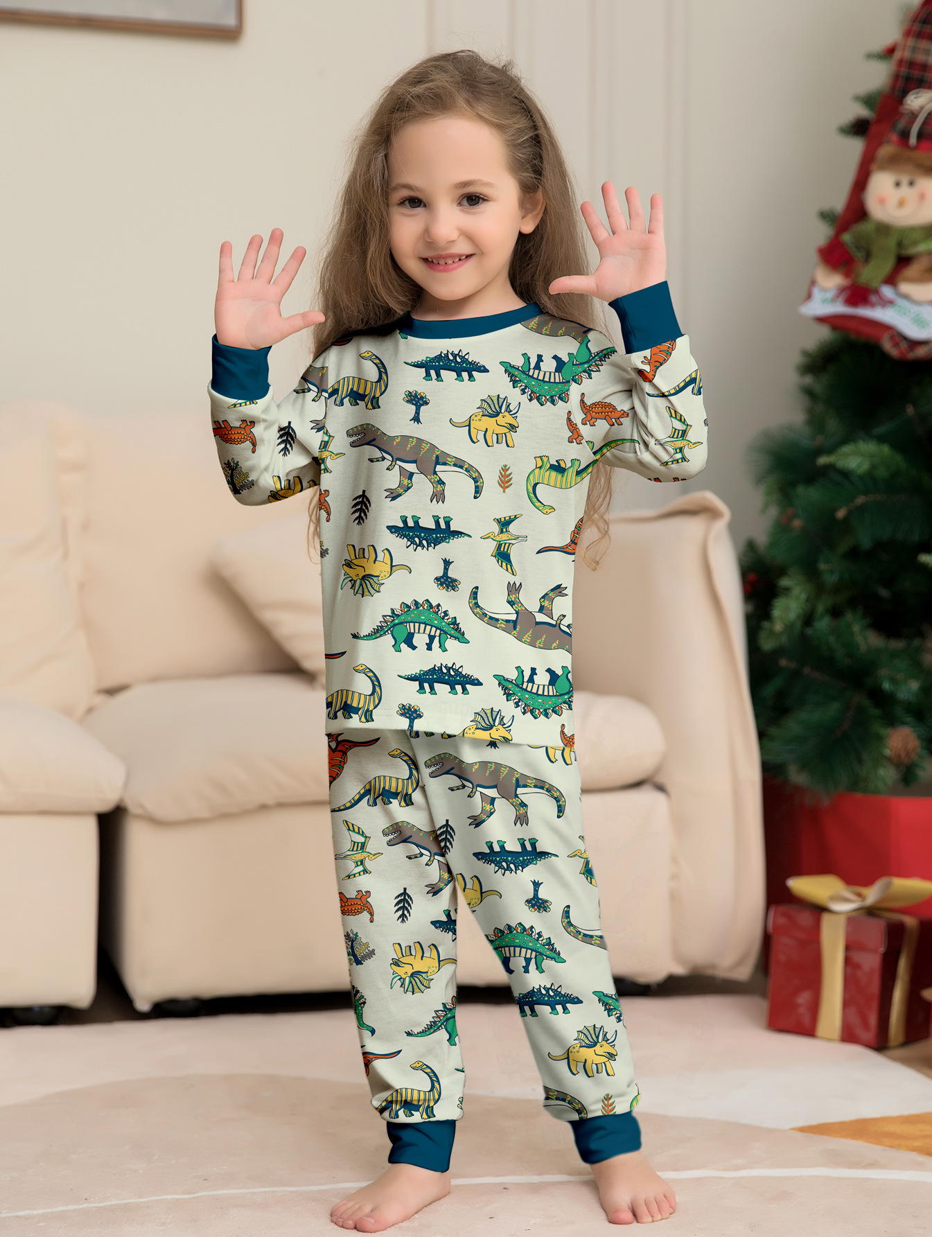 Cream‑Base Dinosaur Print Family Matching Pajamas