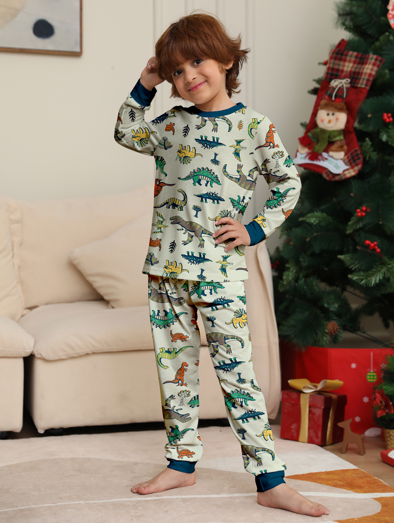 Cream‑Base Dinosaur Print Family Matching Pajamas