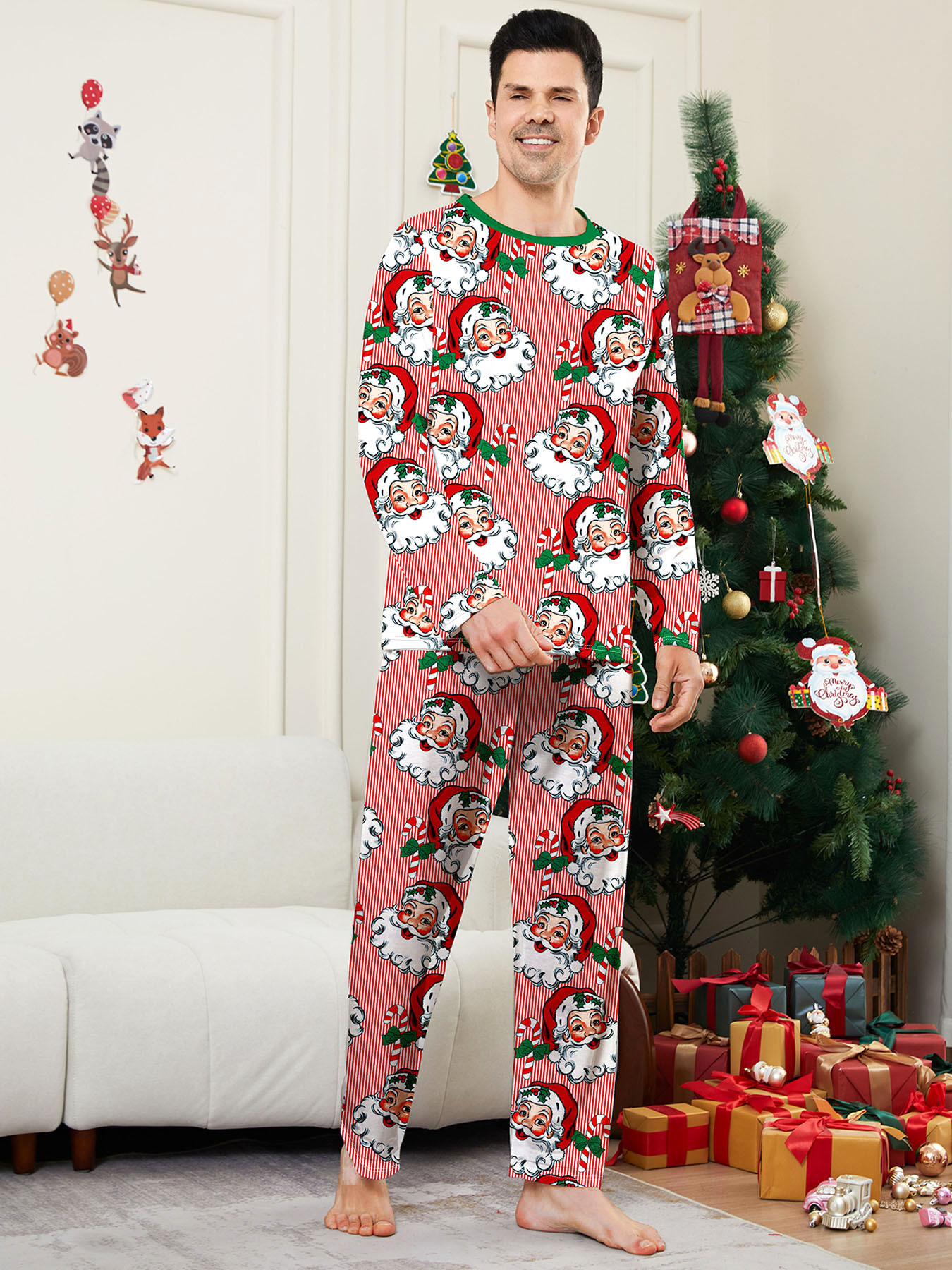 Pink‑Stripe Santa Print Family Matching Pajamas