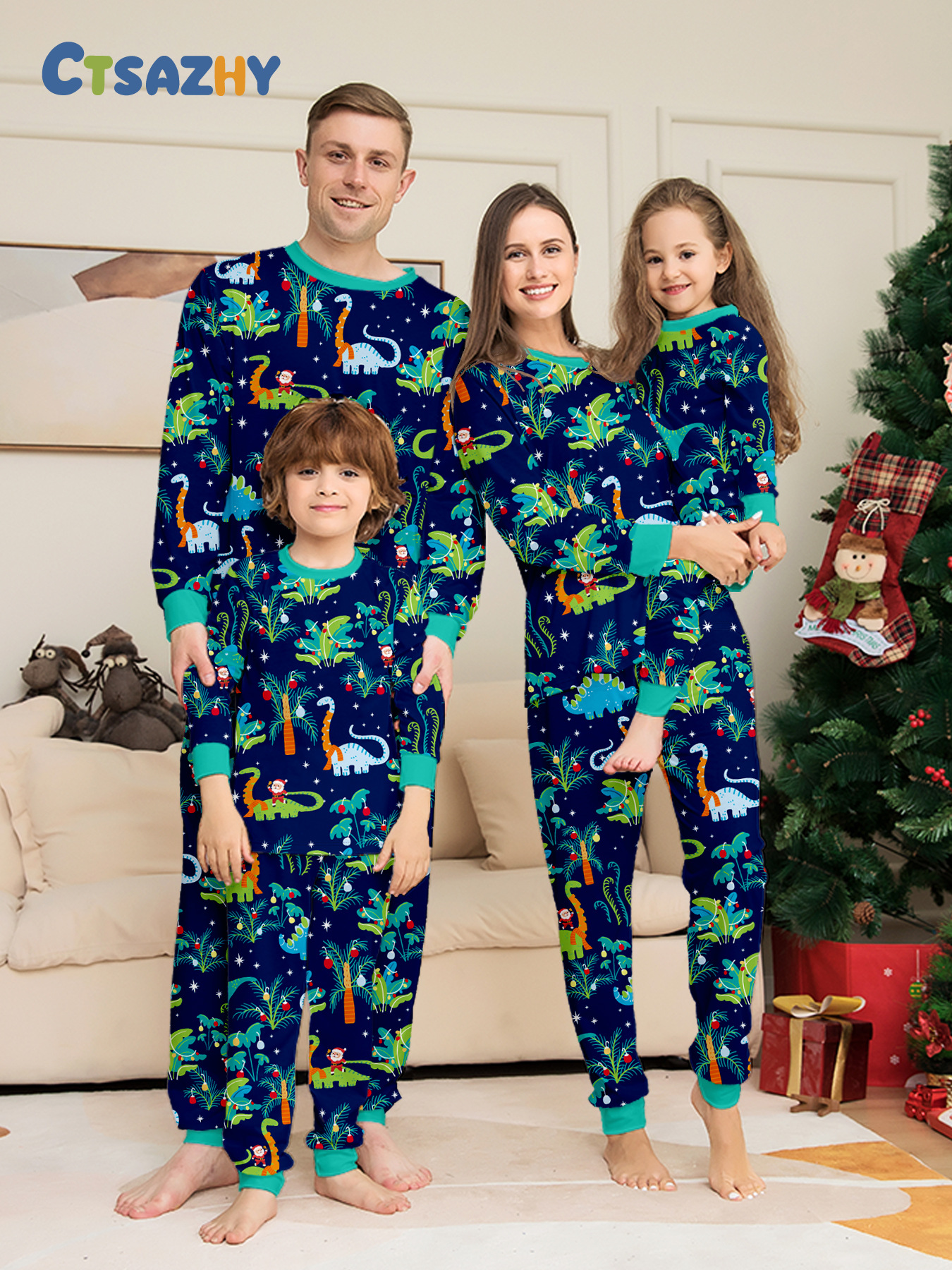 Dark‑Blue Jungle Dinosaur Family Matching Pajamas