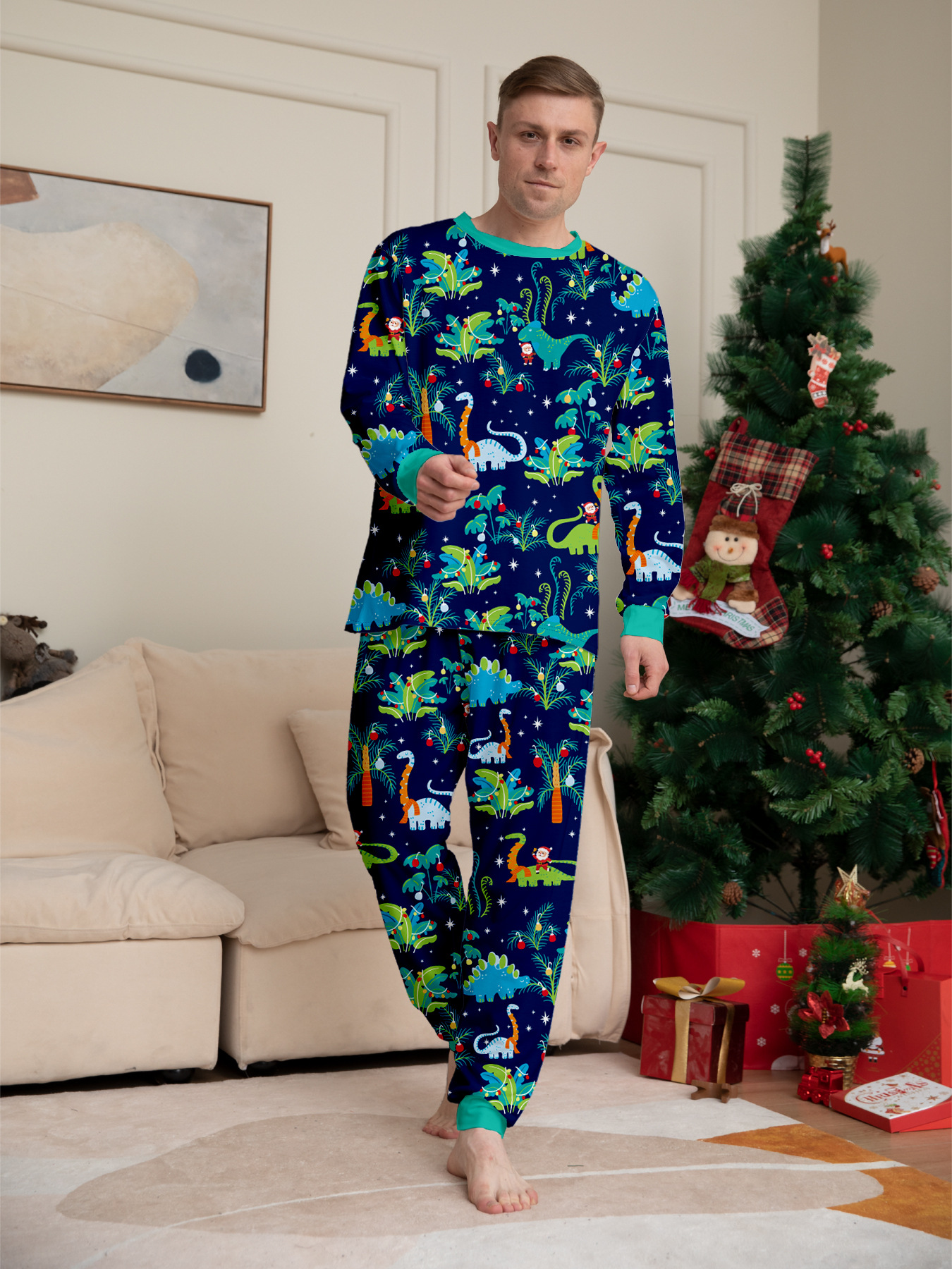 Dark‑Blue Jungle Dinosaur Family Matching Pajamas