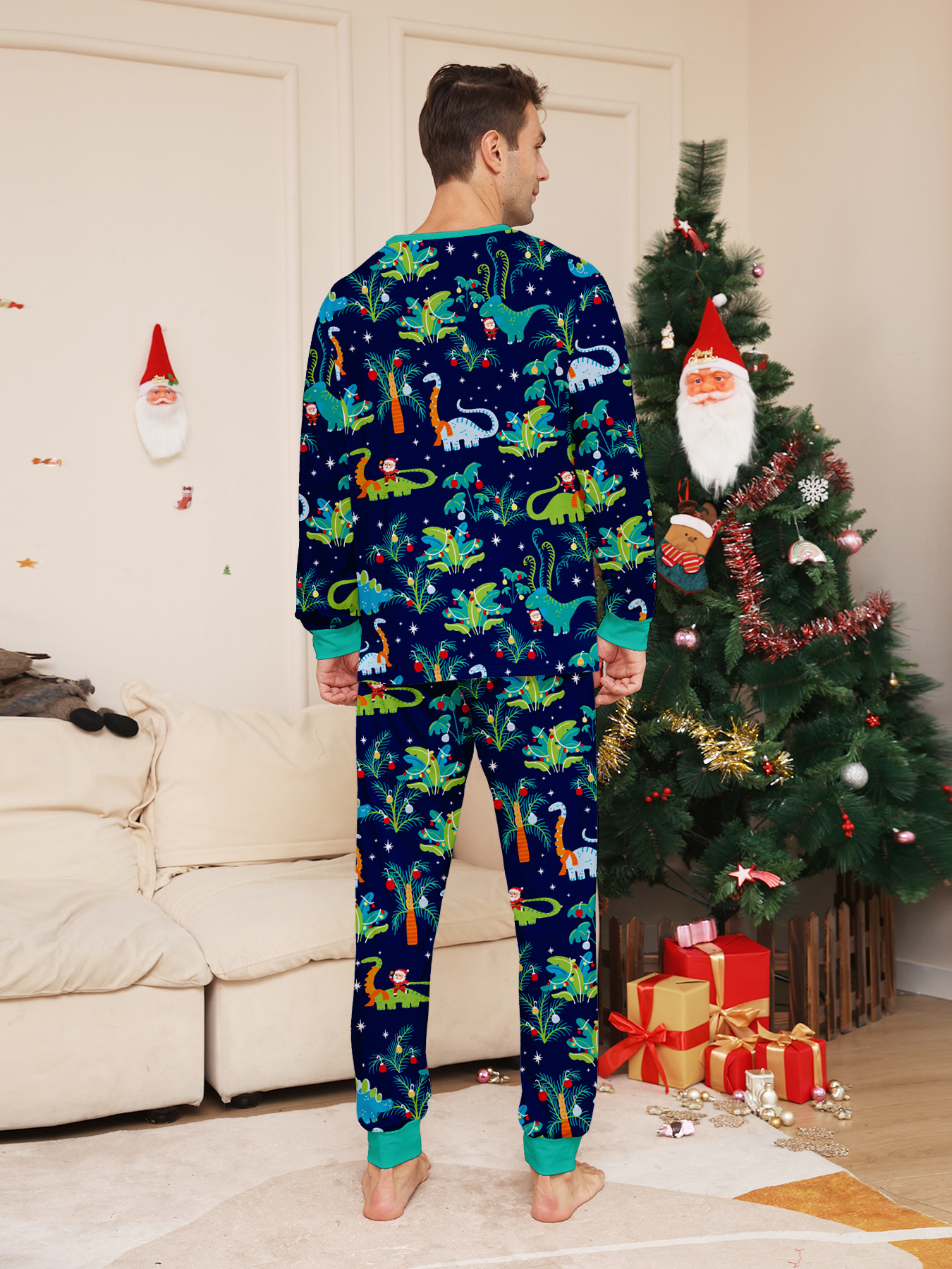 Dark‑Blue Jungle Dinosaur Family Matching Pajamas