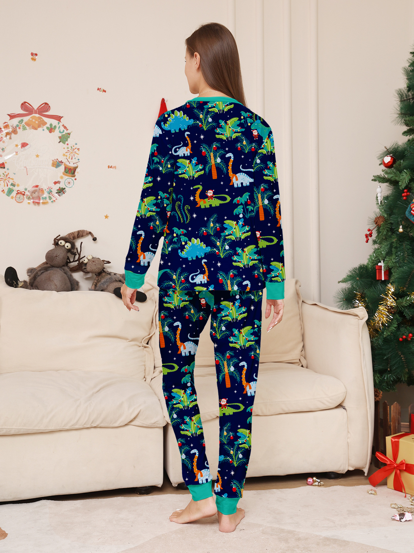 Navy Cartoon Dinosaur Christmas Family Matching Pajamas