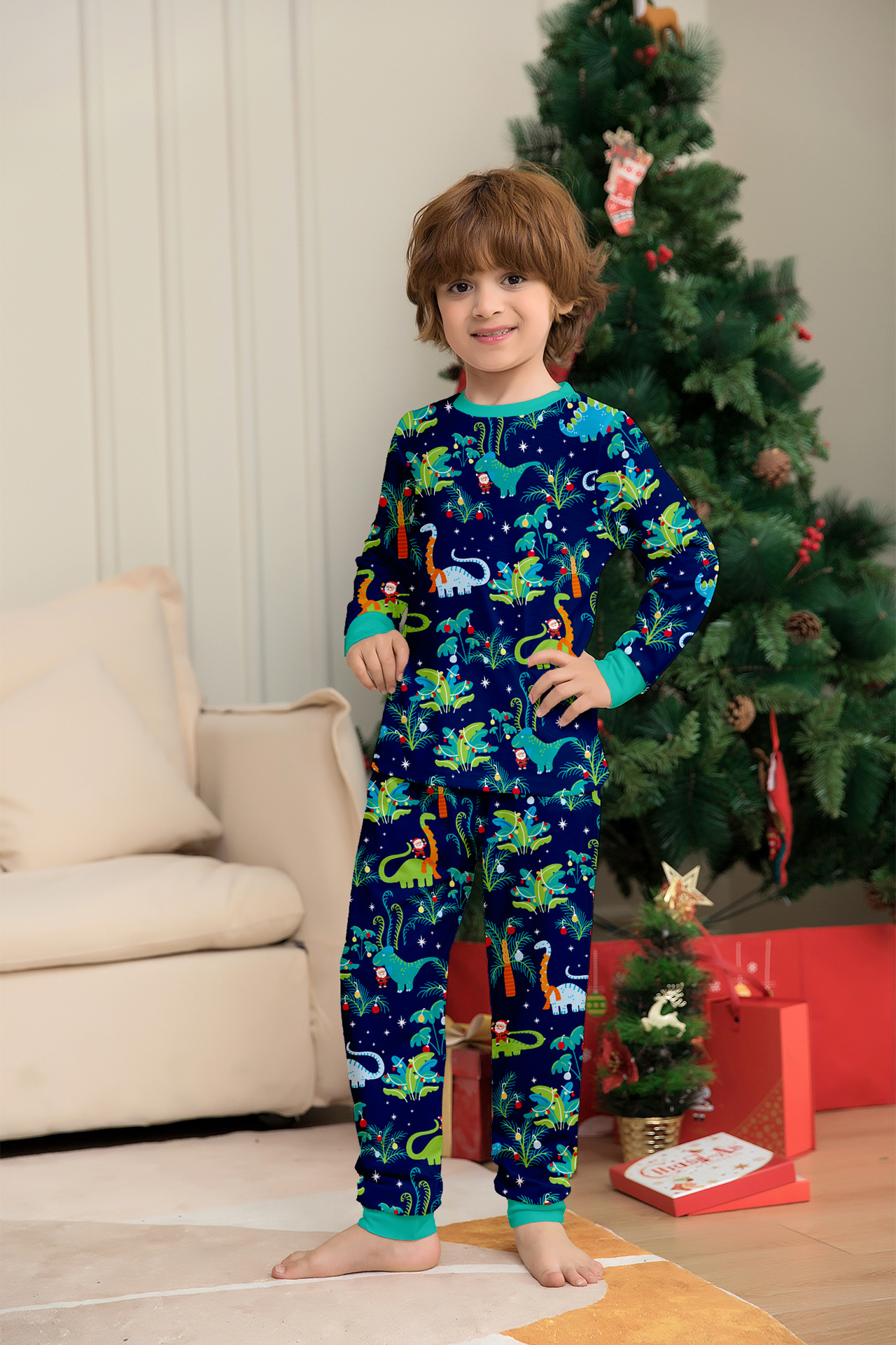 Dark‑Blue Jungle Dinosaur Family Matching Pajamas