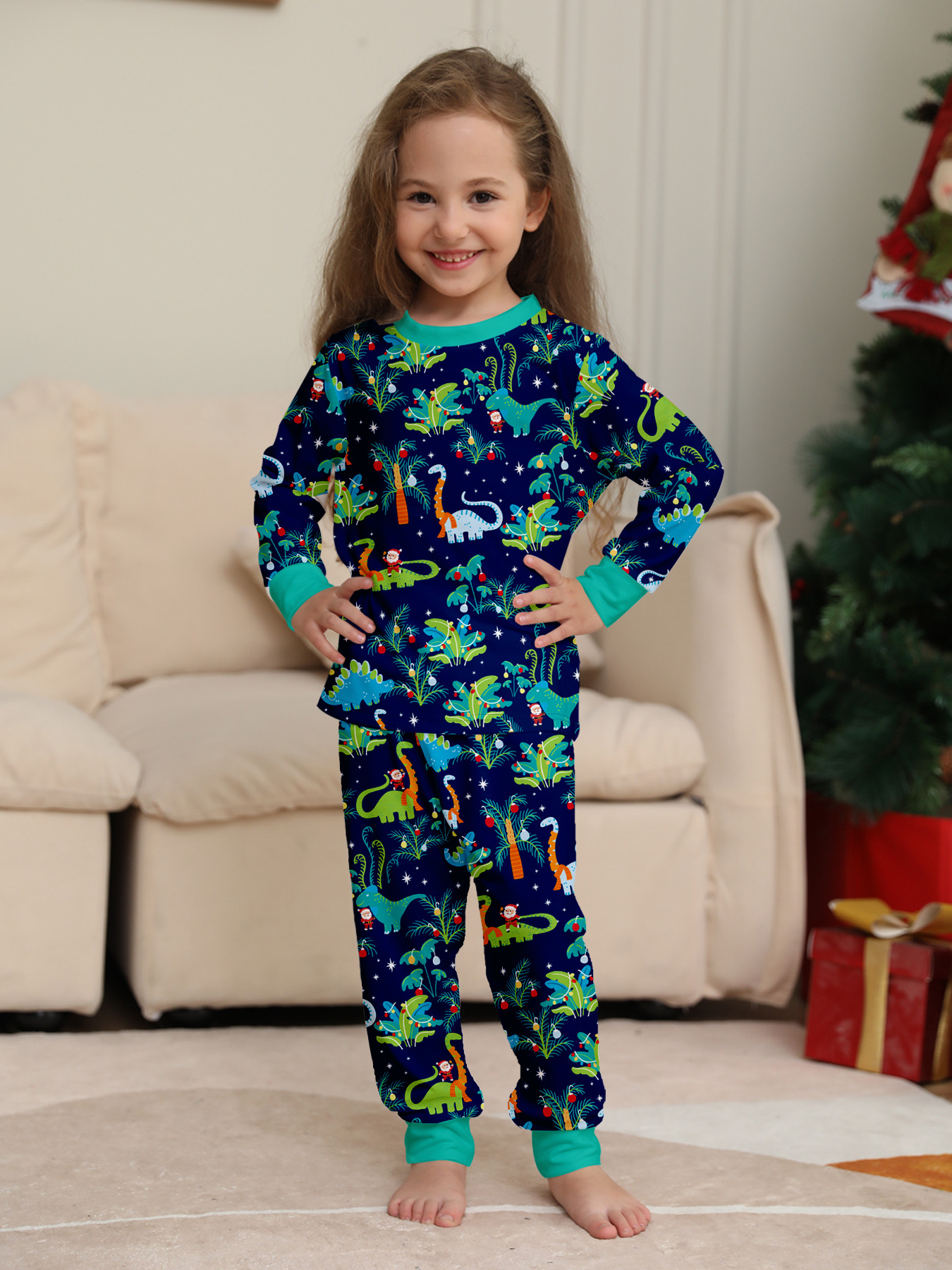 Navy Cartoon Dinosaur Christmas Family Matching Pajamas