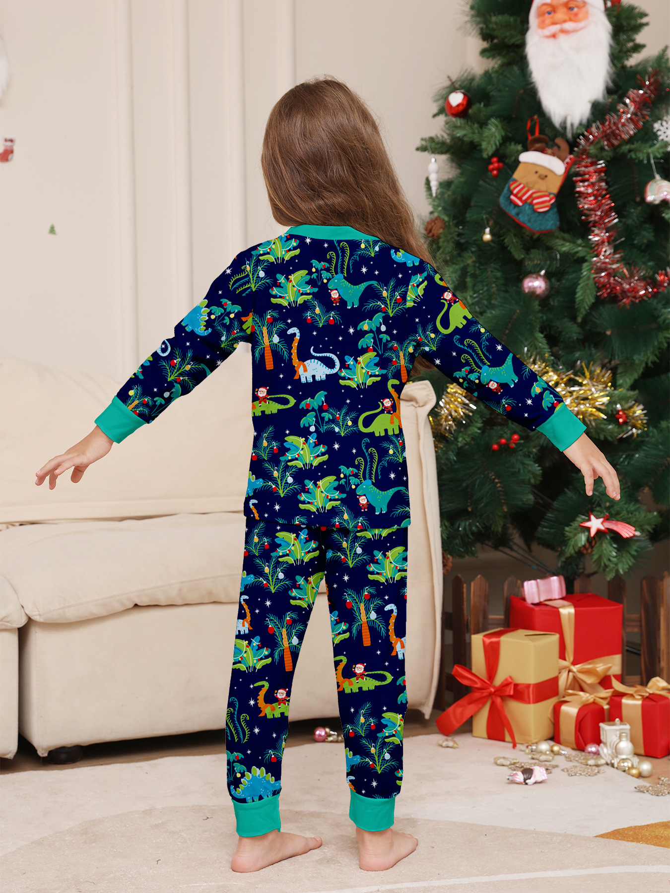 Navy Cartoon Dinosaur Christmas Family Matching Pajamas