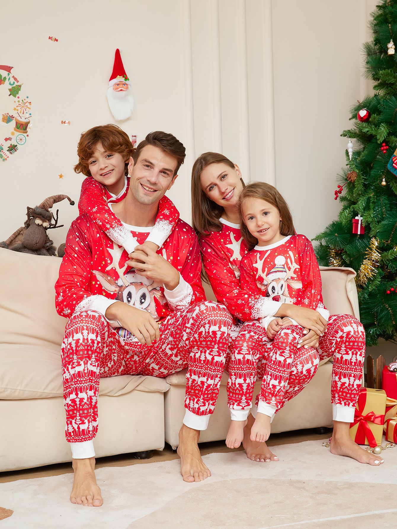 Red Snow‑flake Reindeer Family Matching Pajamas