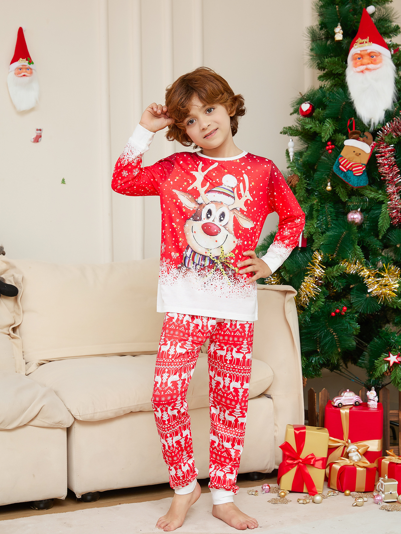 Red Snow‑flake Reindeer Family Matching Pajamas