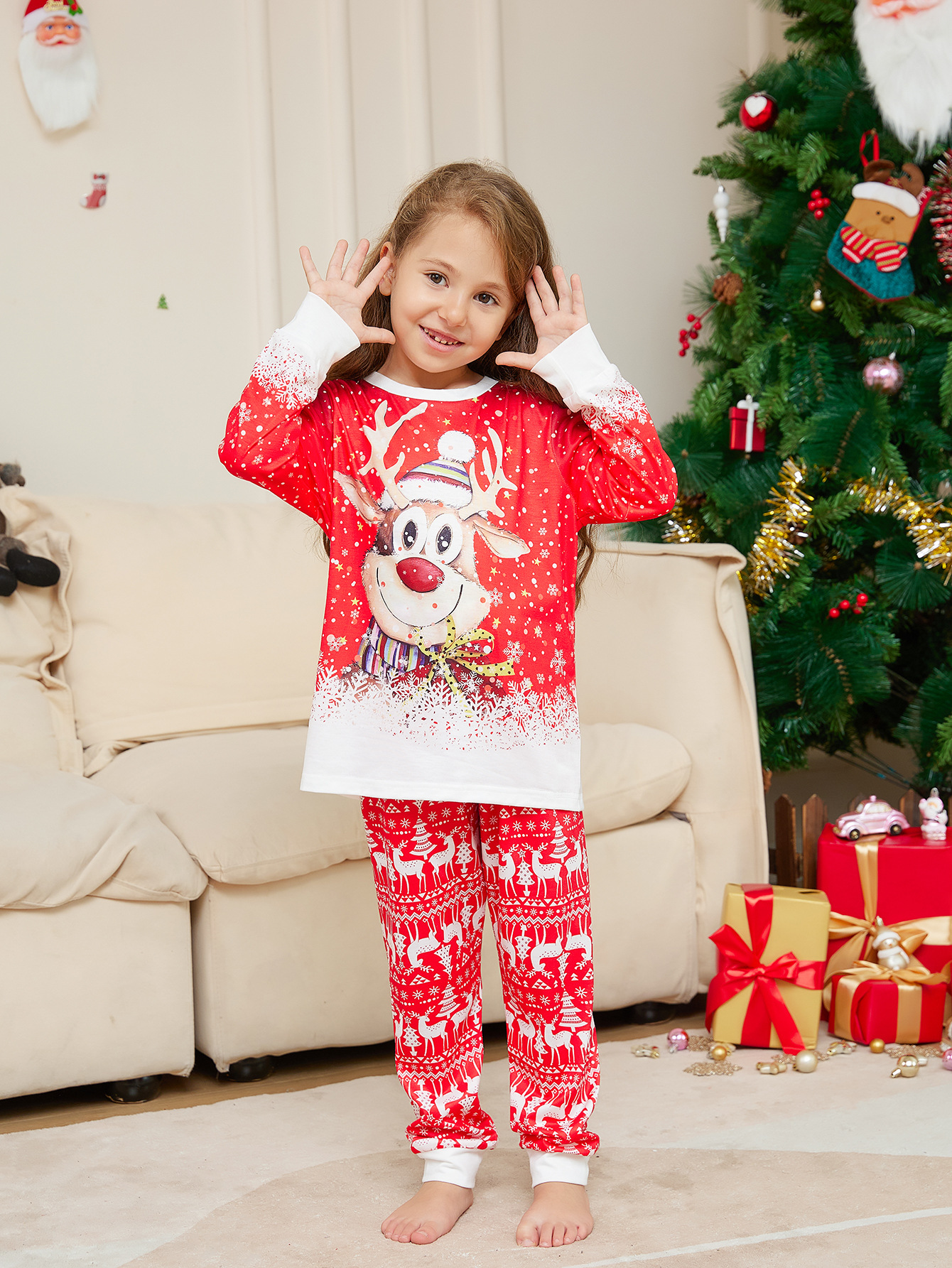 Red Snow‑flake Reindeer Family Matching Pajamas