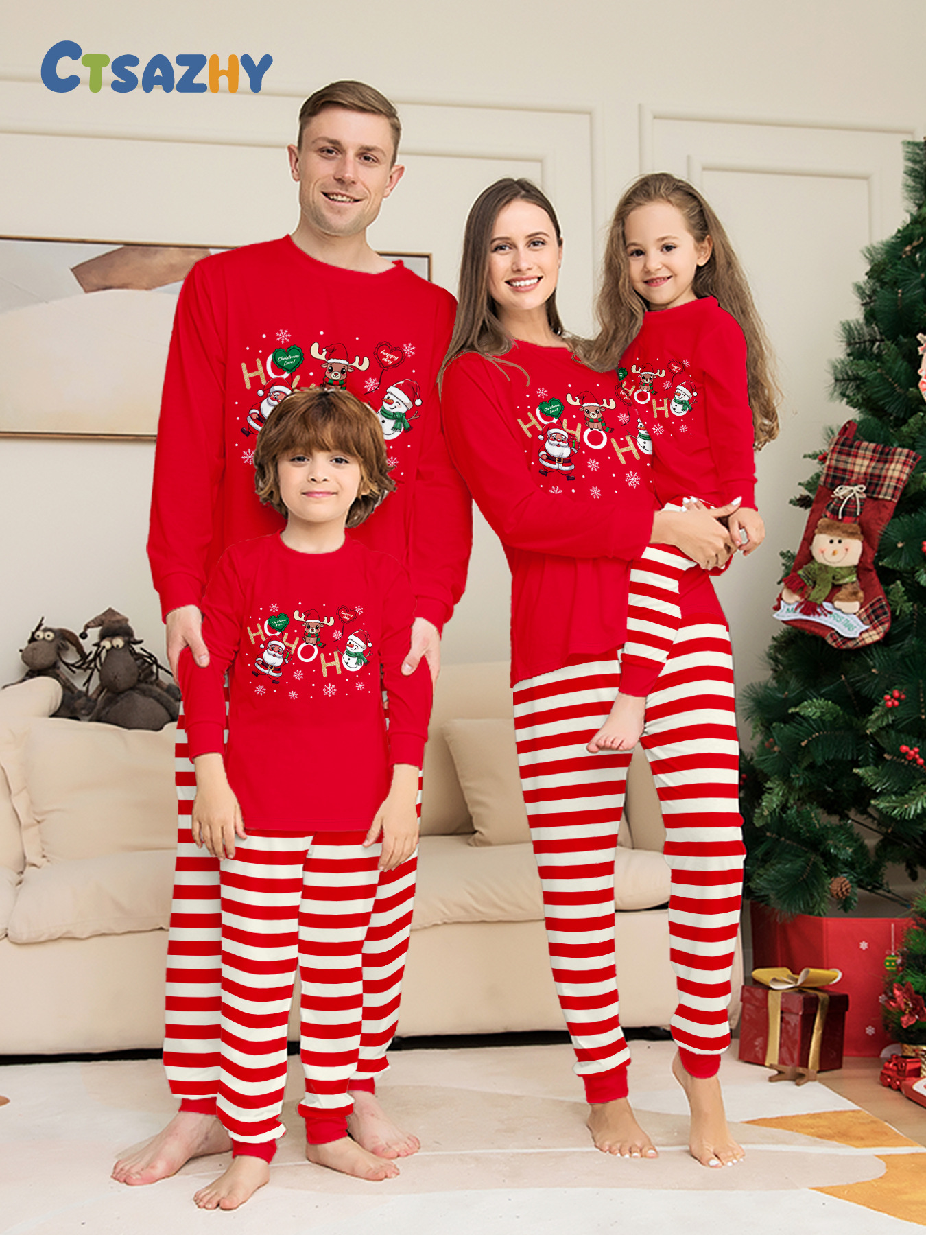 Red‑White Stripe Santa‑Reindeer Family Pajamas