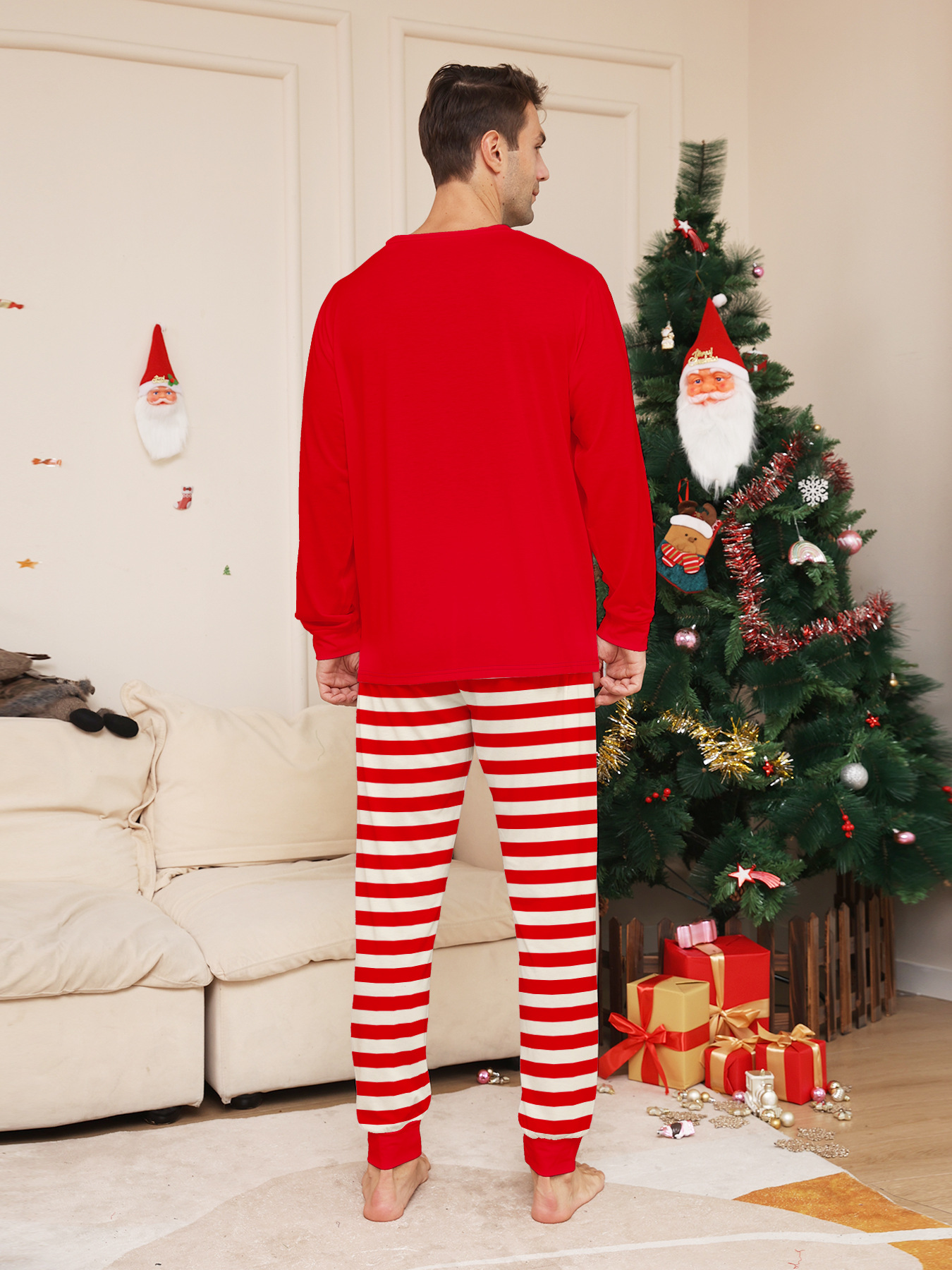 Red‑White Stripe Santa‑Reindeer Family Pajamas
