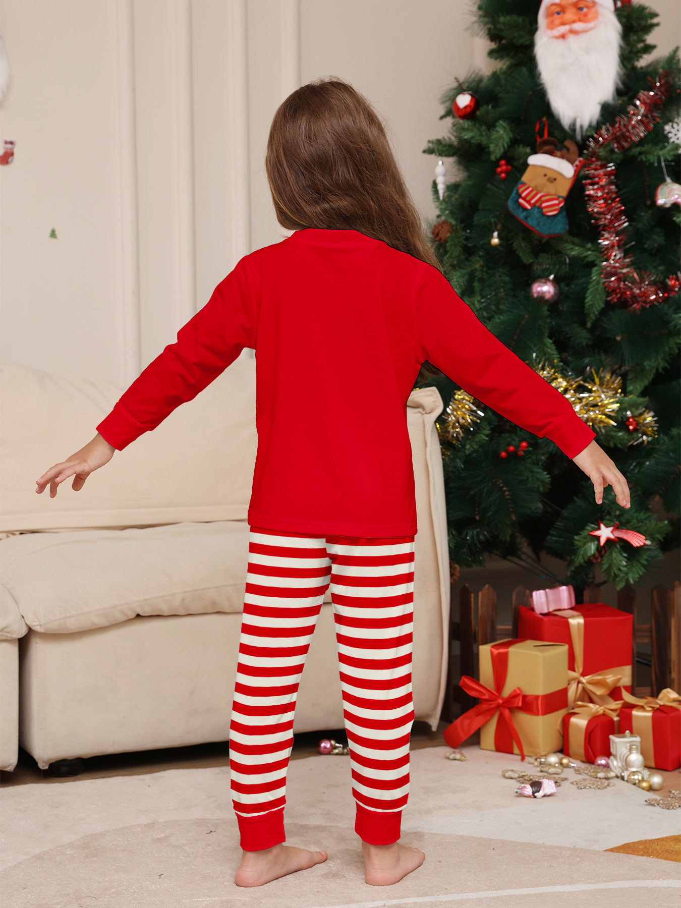 Red‑White Stripe Santa‑Reindeer Family Pajamas