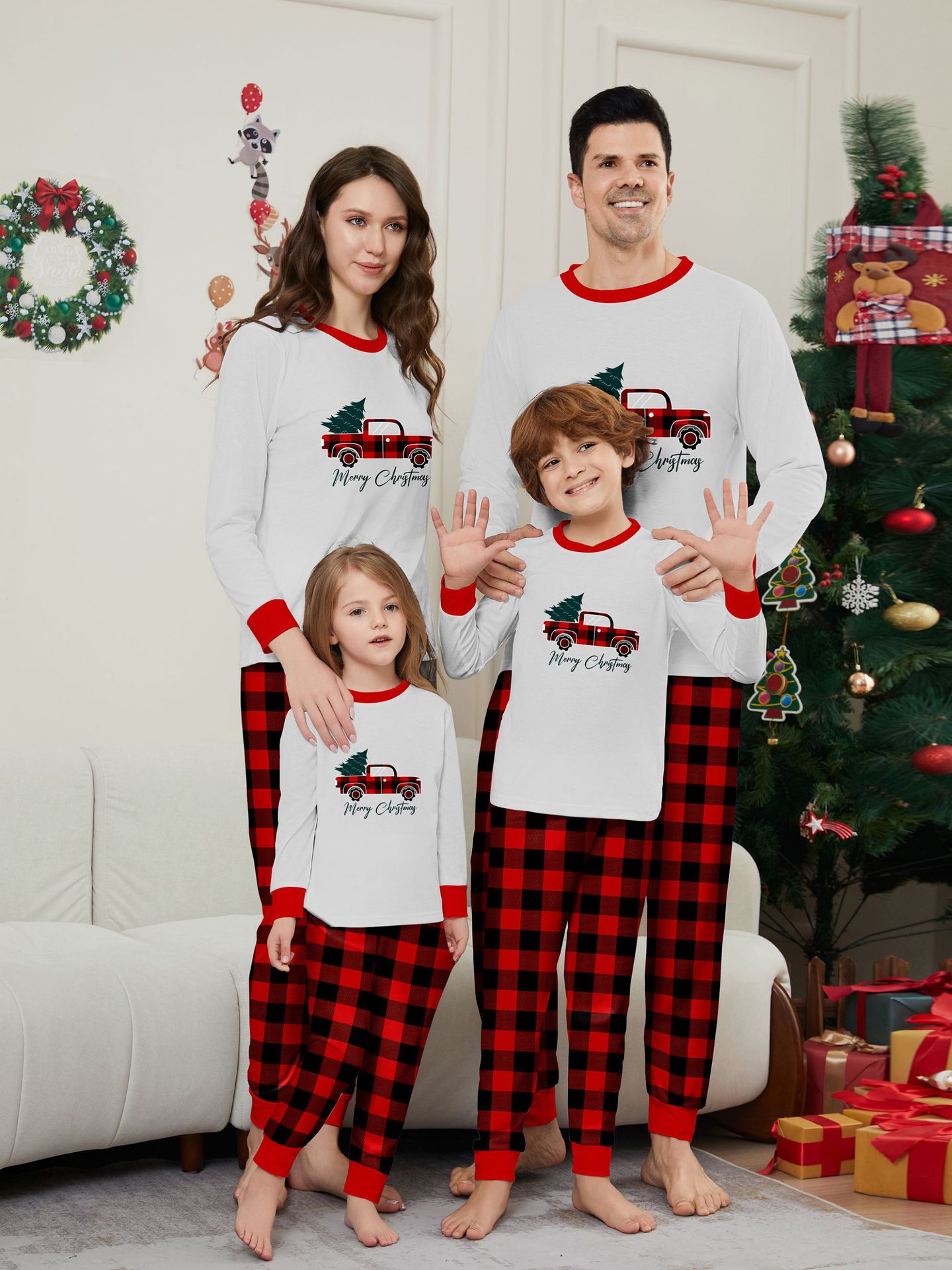 White Red‑Plaid Christmas Truck Family Matching Pajamas