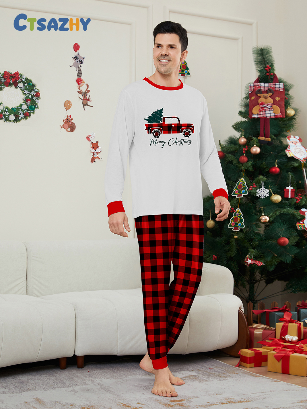 White Red‑Plaid Christmas Truck Family Matching Pajamas
