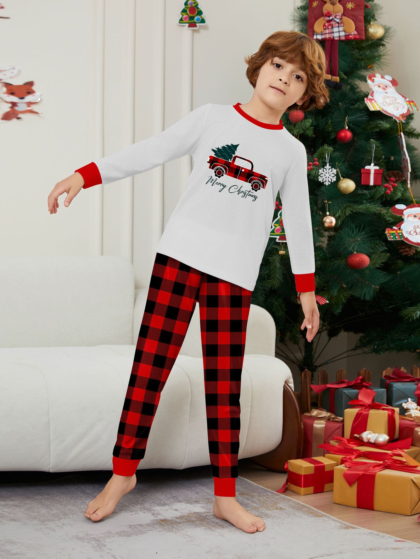 White Red‑Plaid Christmas Truck Family Matching Pajamas