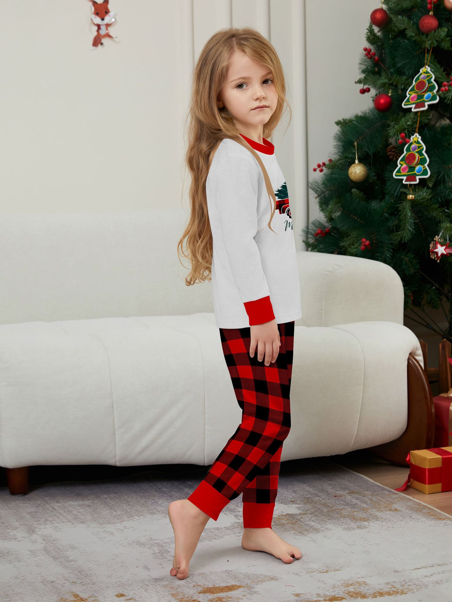 White Red‑Plaid Christmas Truck Family Matching Pajamas