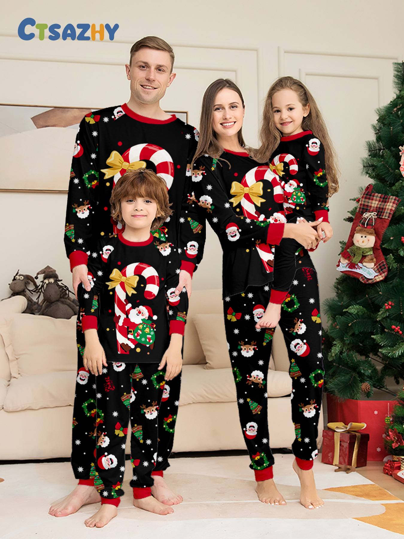 Black Candy‑Cane Santa Family Pajamas