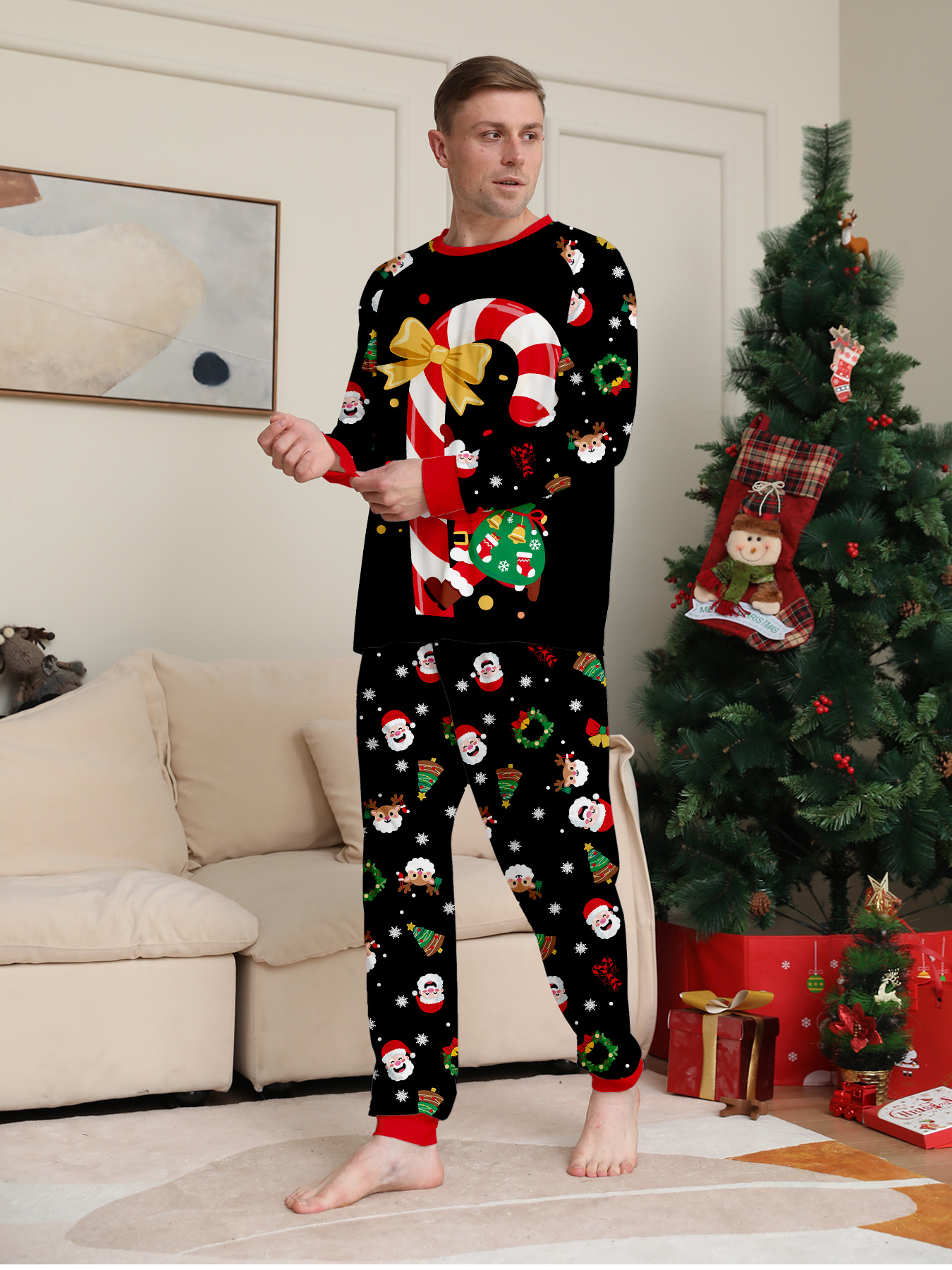 Black Candy‑Cane Santa Family Pajamas