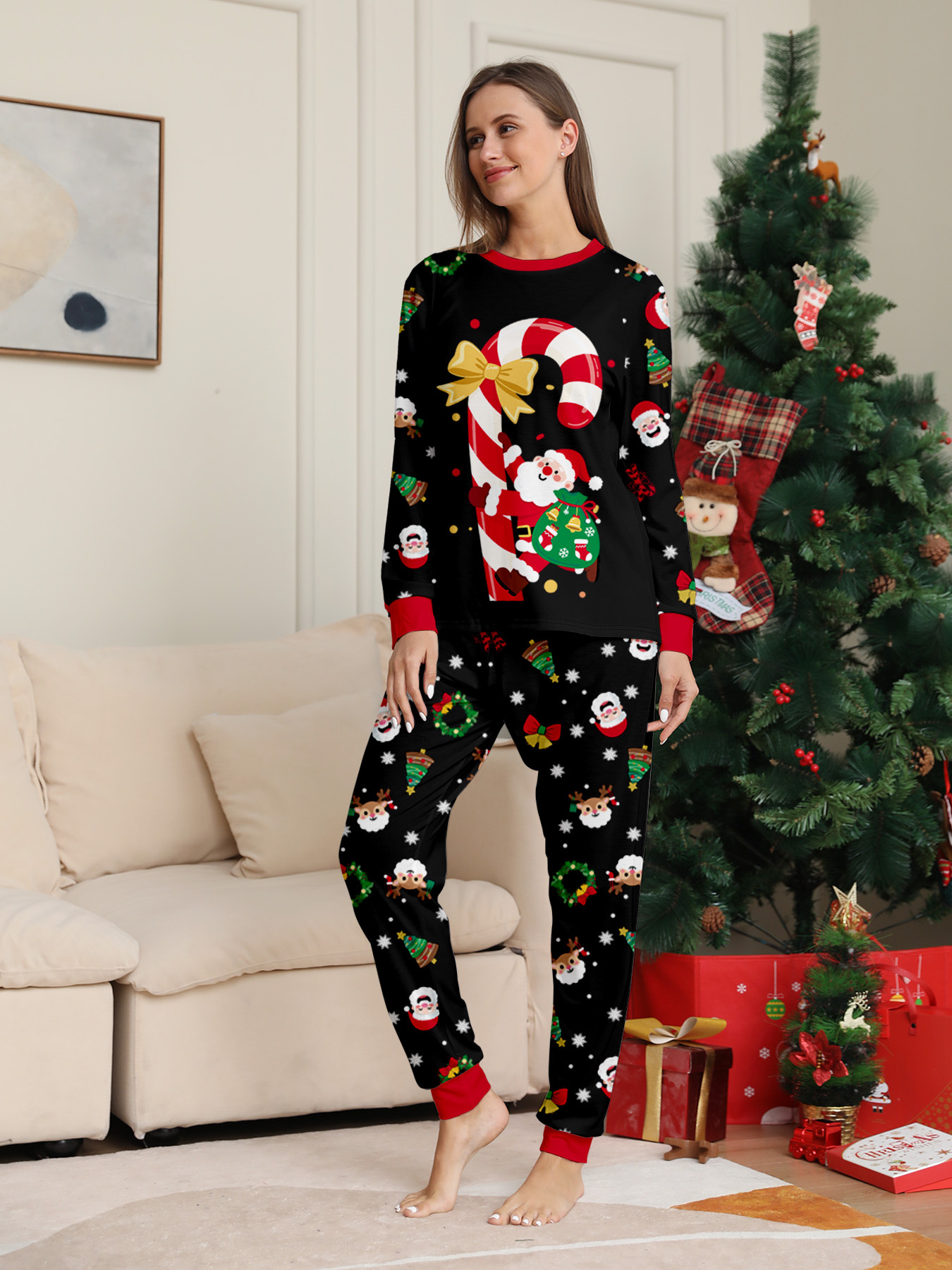Black Candy‑Cane Santa Family Pajamas