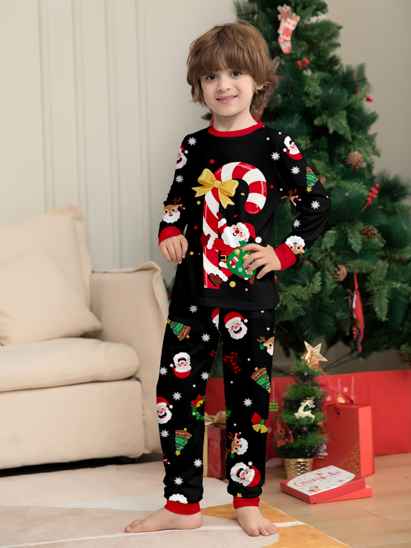 Black Candy‑Cane Santa Family Pajamas