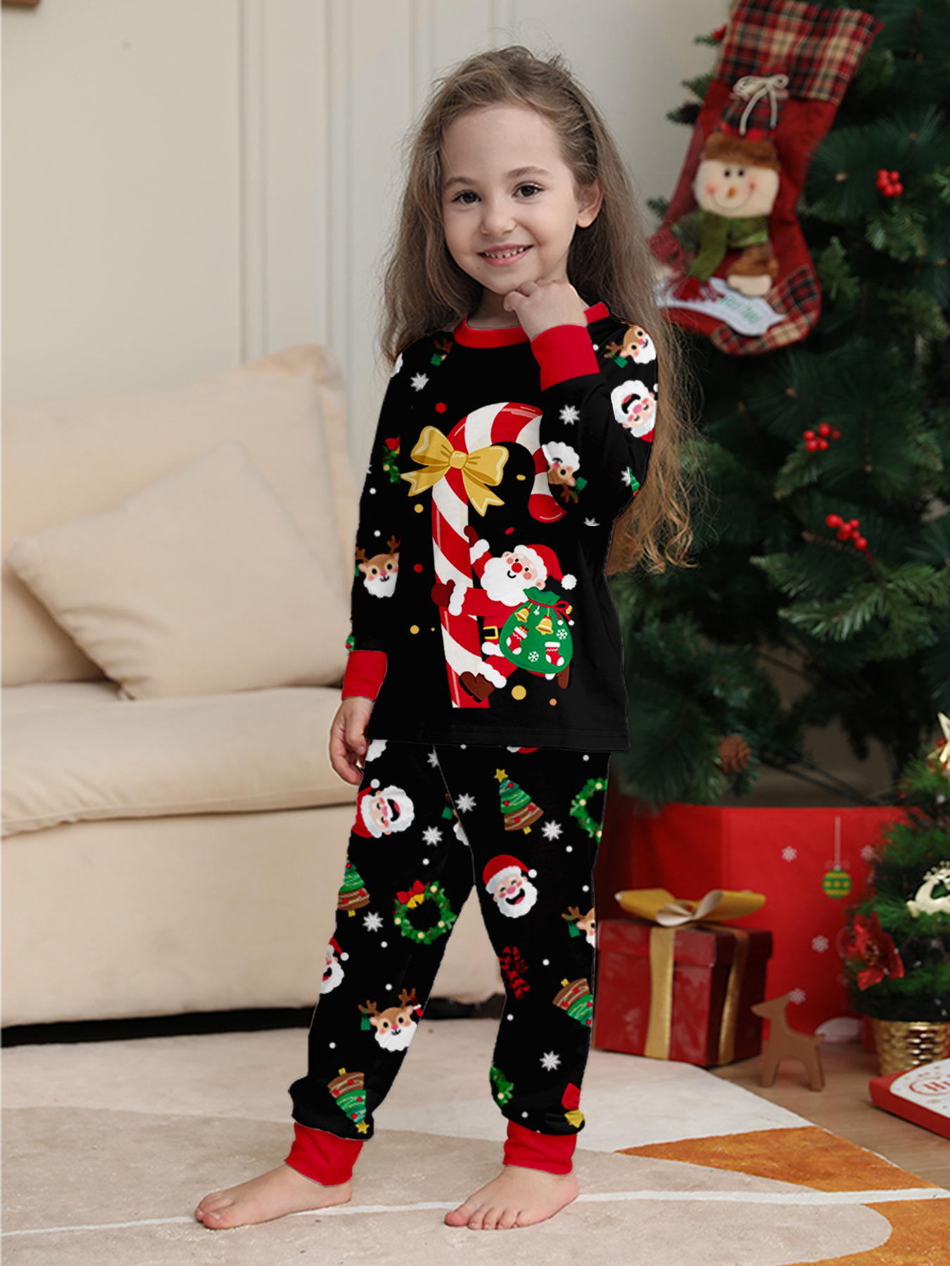 Black Candy‑Cane Santa Family Pajamas