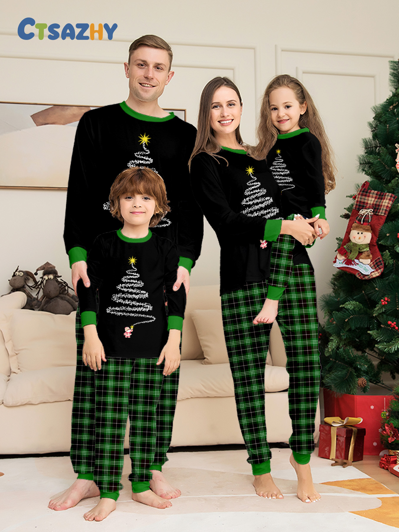 ：Black‑Green Plaid Christmas‑Tree Family Matching Pajamas