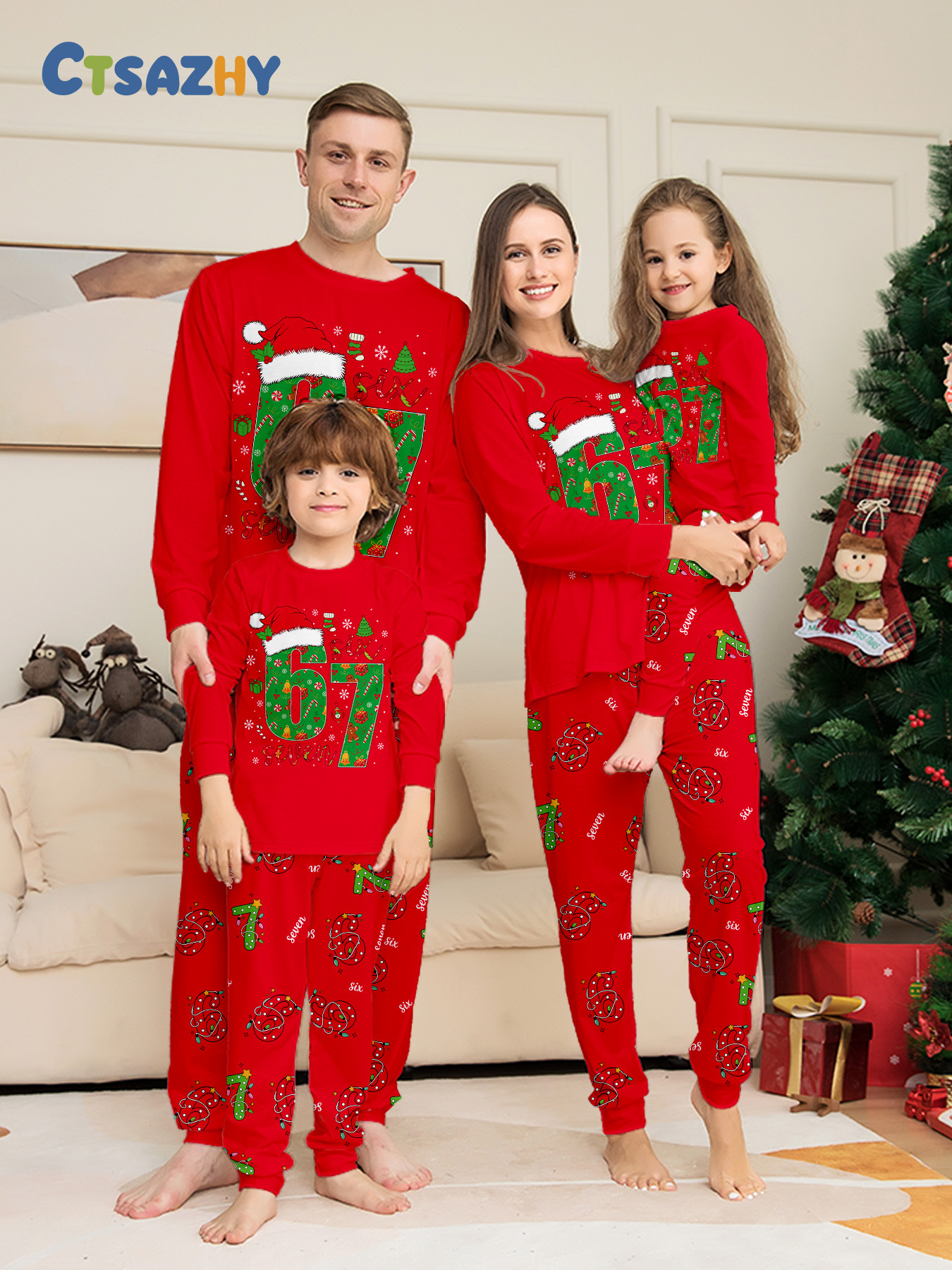 Red Christmas‑Number 6‑7 Family Matching Pajamas