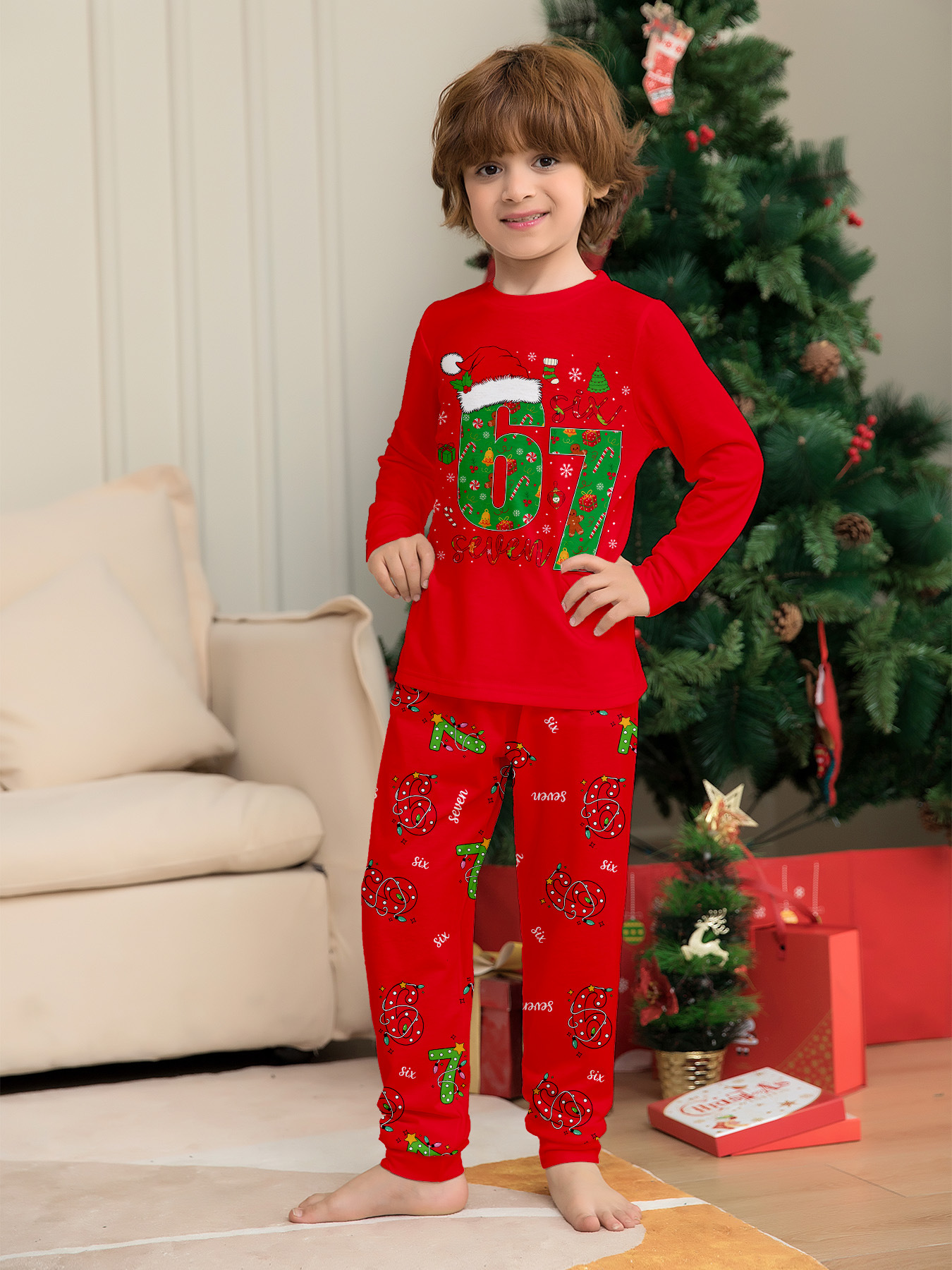 Red Christmas‑Number 6‑7 Family Matching Pajamas