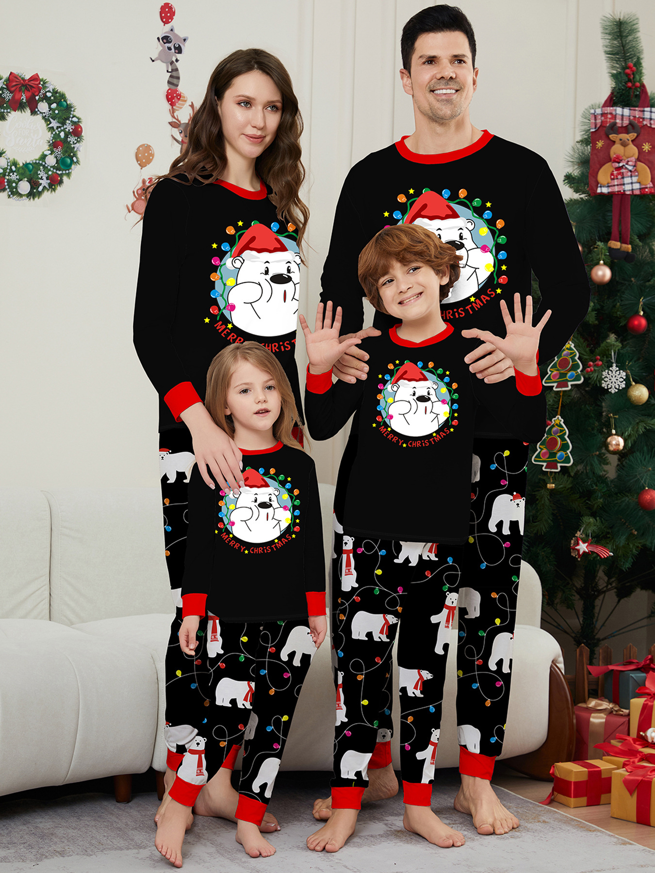 Black Bear‑Christmas Lights Family Matching Pajamas
