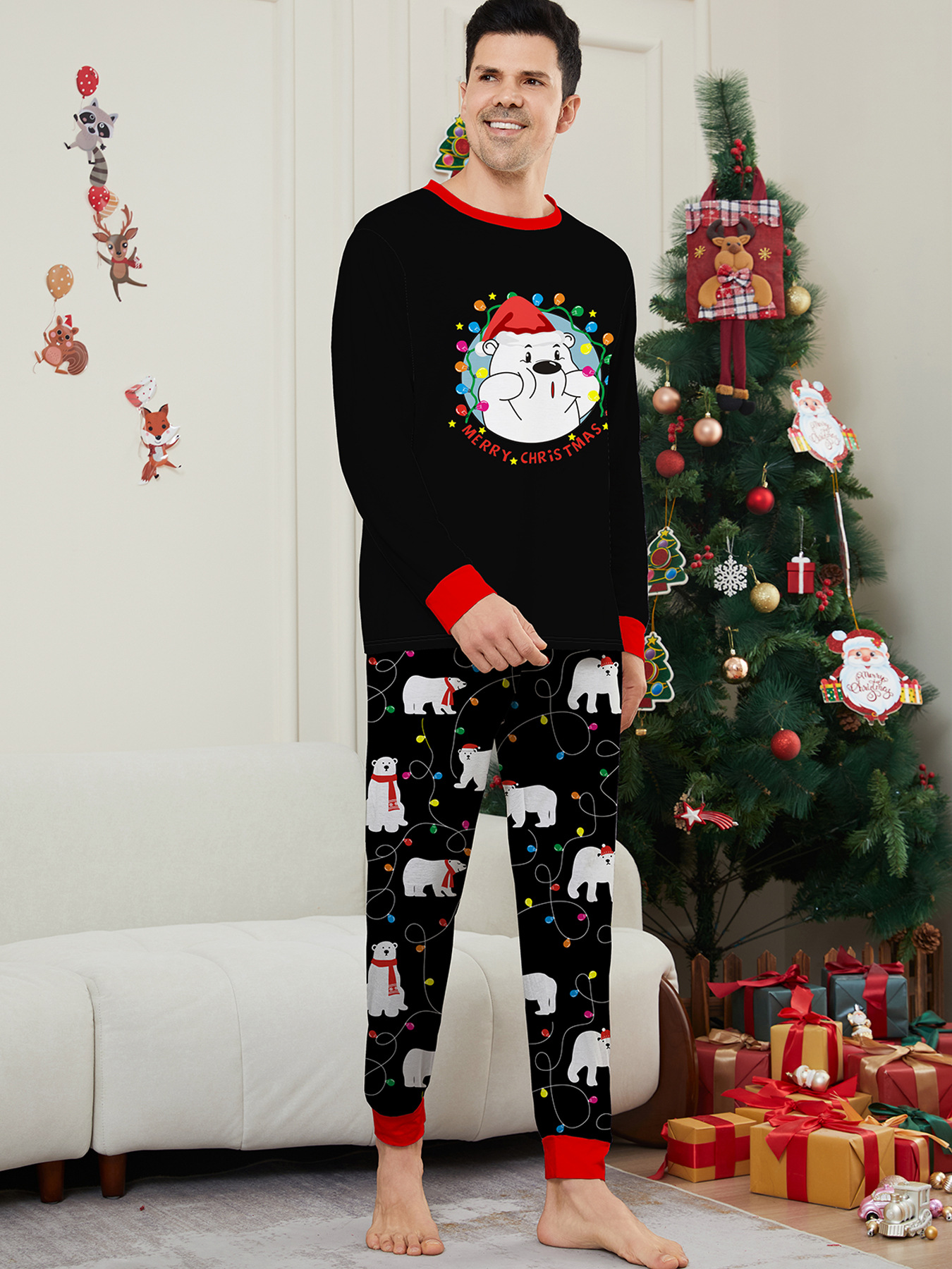 Black Bear‑Christmas Lights Family Matching Pajamas