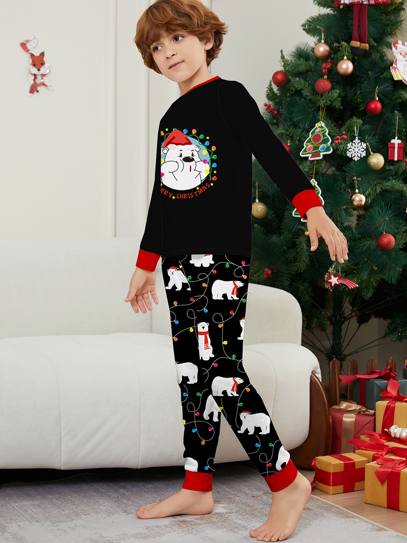 Black Bear‑Christmas Lights Family Matching Pajamas