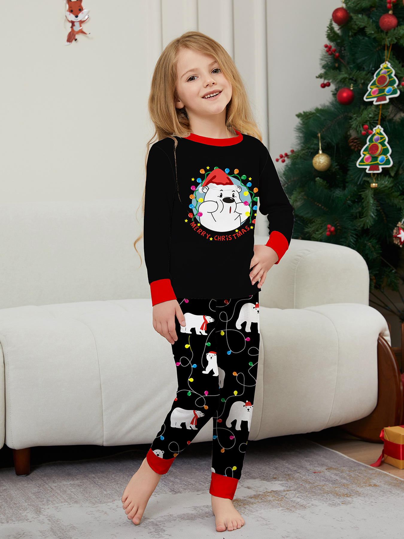 Black Bear‑Christmas Lights Family Matching Pajamas