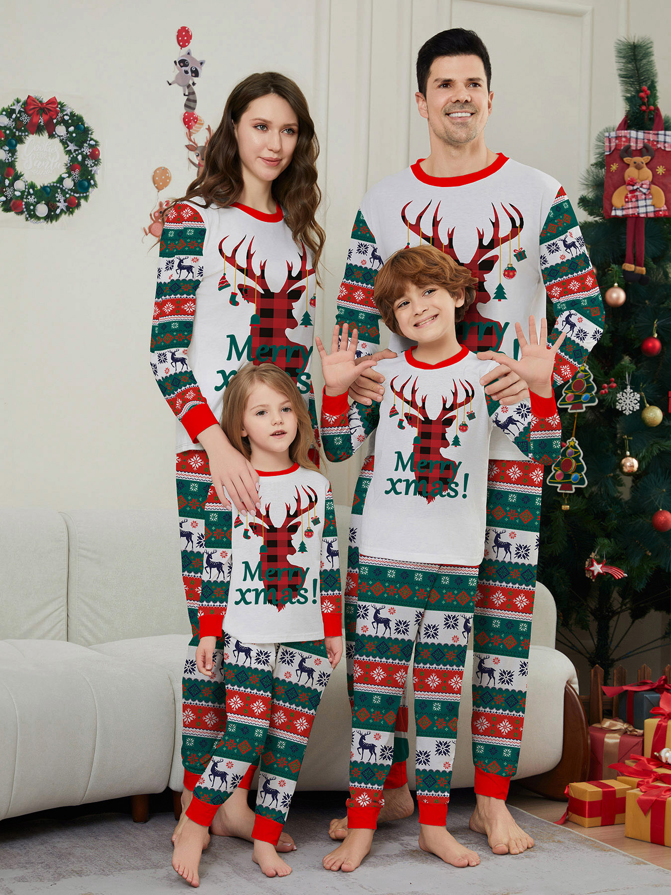Red‑Green Plaid Reindeer Family Matching Pajamas
